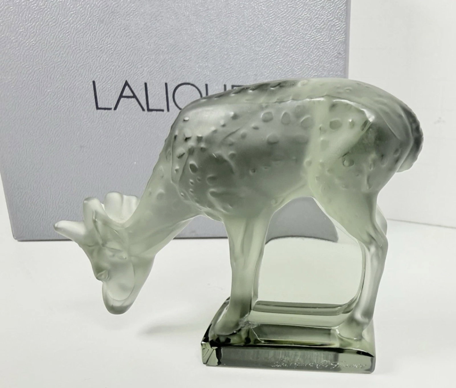 Lalique Signed Crystal Deer Made in France with Orig Box: Lalique Signed Crystal Deer Made in France Measures approx 3 inches x 2.5 inches with box