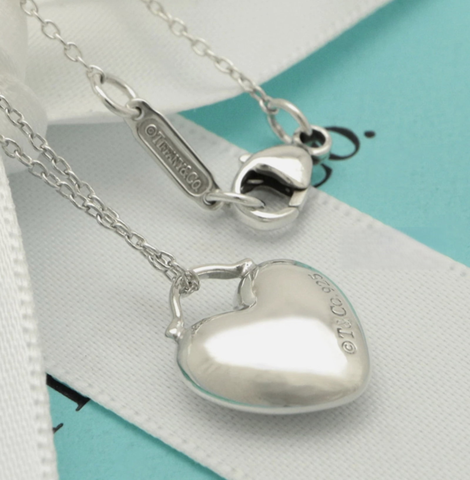 Tiffany & Co Sterling Silver Puff Heart Pendant Necklace 16.2" With Pouch: Tiffany & Co Sterling Silver Puff Heart Pendant Necklace 16.2" With Pouch