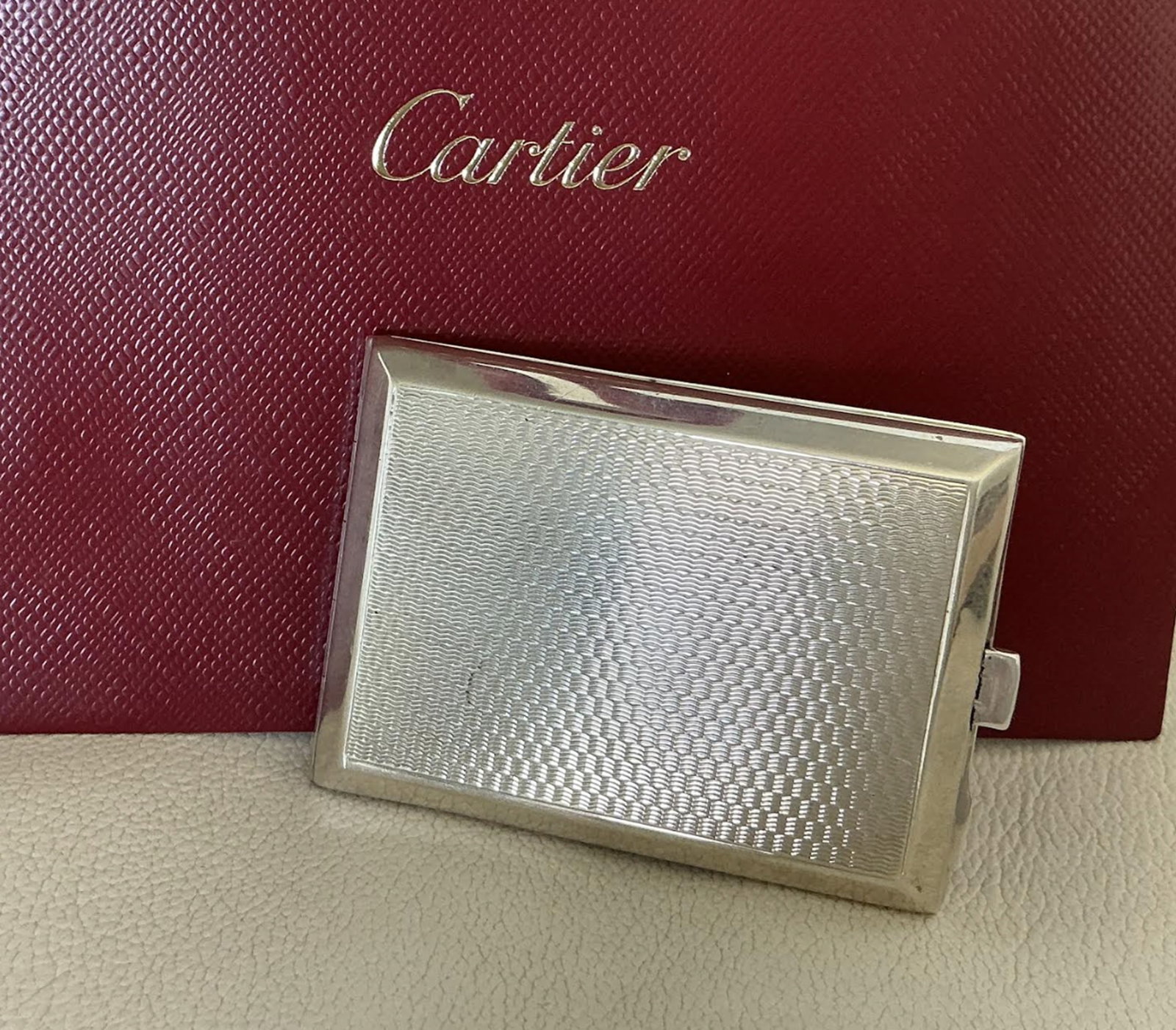 Cartier Sterling Silver Cigar / Trinket Box Case: Cartier Sterling Silver Cigar / Trinket Box Case. Comes with Orig Cartier Bag Never monogrammed.Perfect condition.Opening and closing in perfect condition.Dimension 60mm. X 42mm. X 12mm .