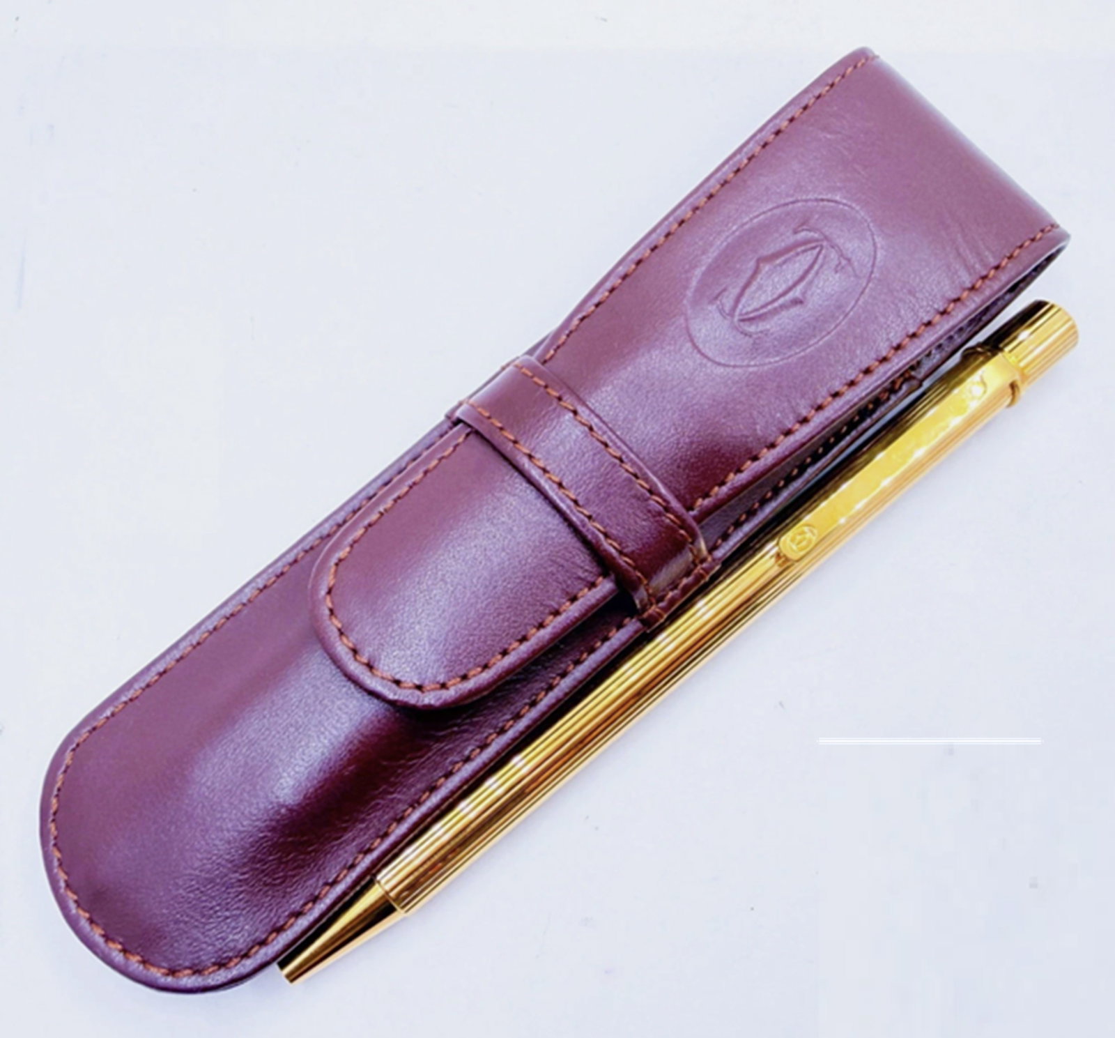 Cartier Must De Ballpoint Pen Gold Plated Twist With Leather Case: Cartier Must De Ballpoint Pen Gold Plated Twist With Leather Case