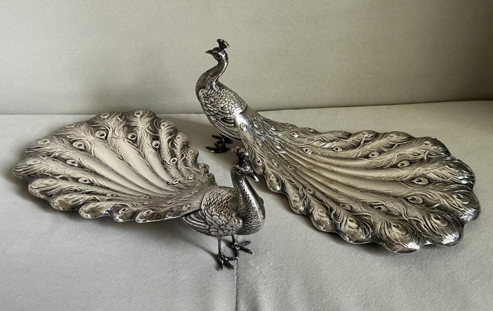Gorham Sterling Silver Large Peacock Figurine Pair Sterling Silver Peacock Dish 9.3/4 inches Long: Gorham Sterling Silver Large Peacock Figurine Pair, Sterling Silver Peacock Dish 9.3/4 inches Long. Measures approx H 4 1/4 x L 9 3/4 x W 5 1/4 in.