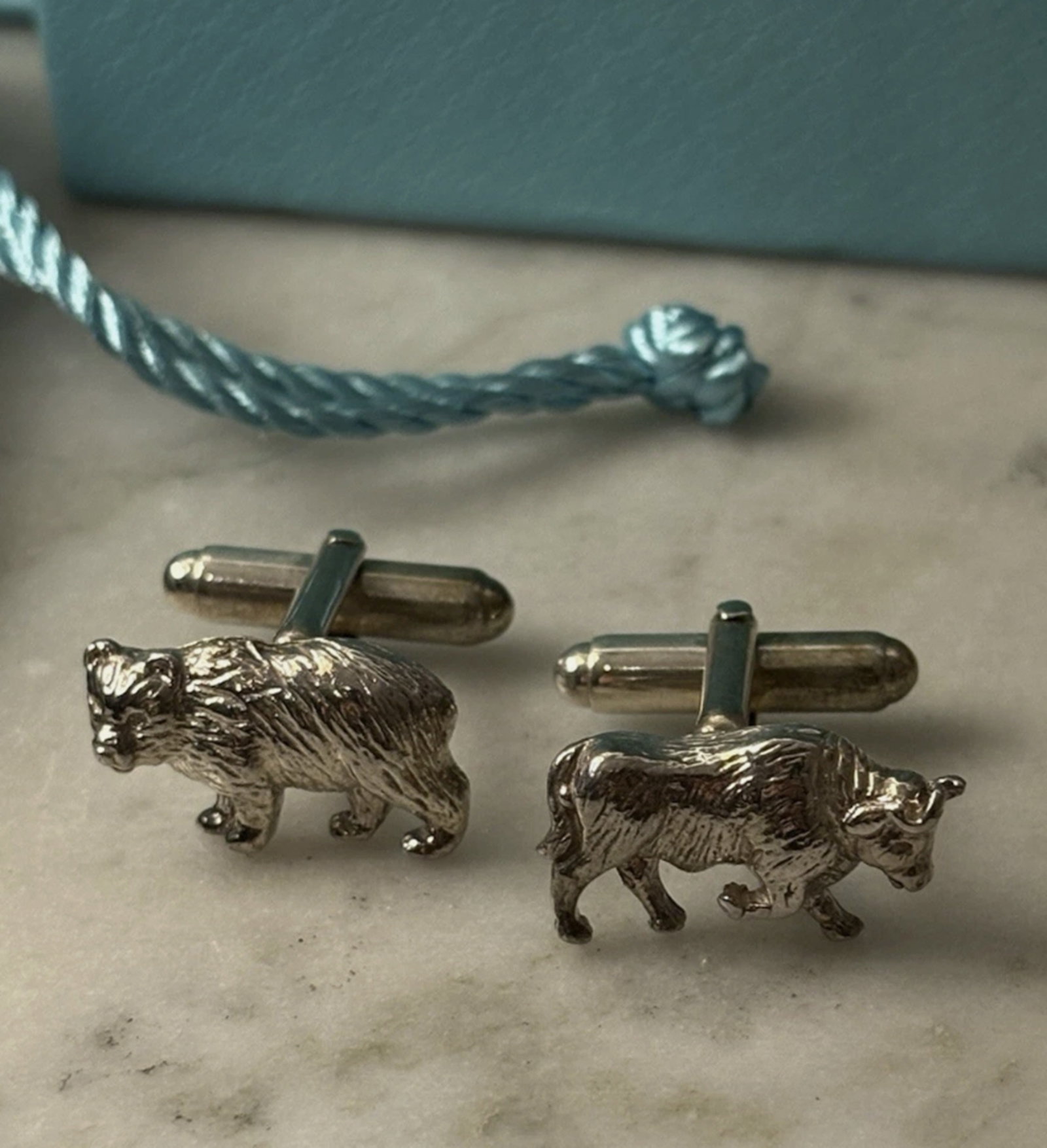 Tiffany & Co Sterling Silver Bulls and Bears Cufflinks with Box: Tiffany & Co Sterling Silver Bulls and Bears Cufflinks with Box
