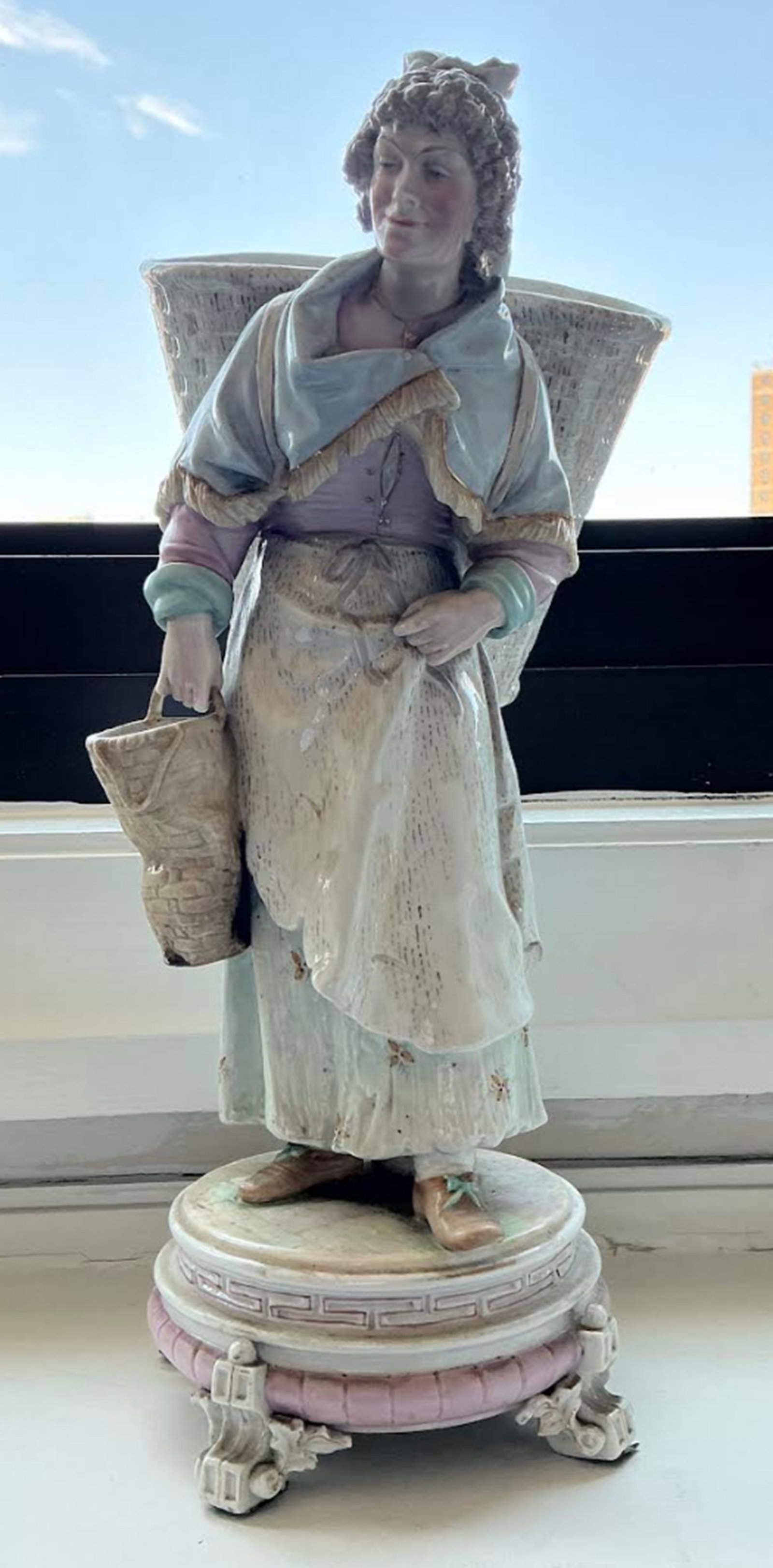 Meissen Porcelain marked Figurine Hand Painted With Makers Mark: Meissen Porcelain marked Figurine Hand Painted Measures approx 13.5 inches tall. and 7.5 inches at widest point from left to right