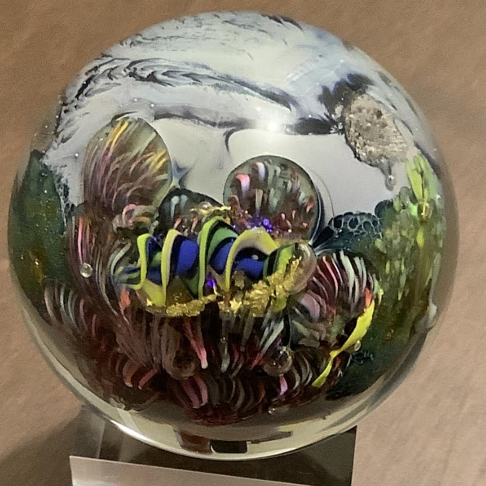Josh Simpson Signed Inhabited Planet Marble Art Glass Paperweight: Josh Simpson Signed Inhabited Planet Marble. Measues approx 1.9" . No chips oracks