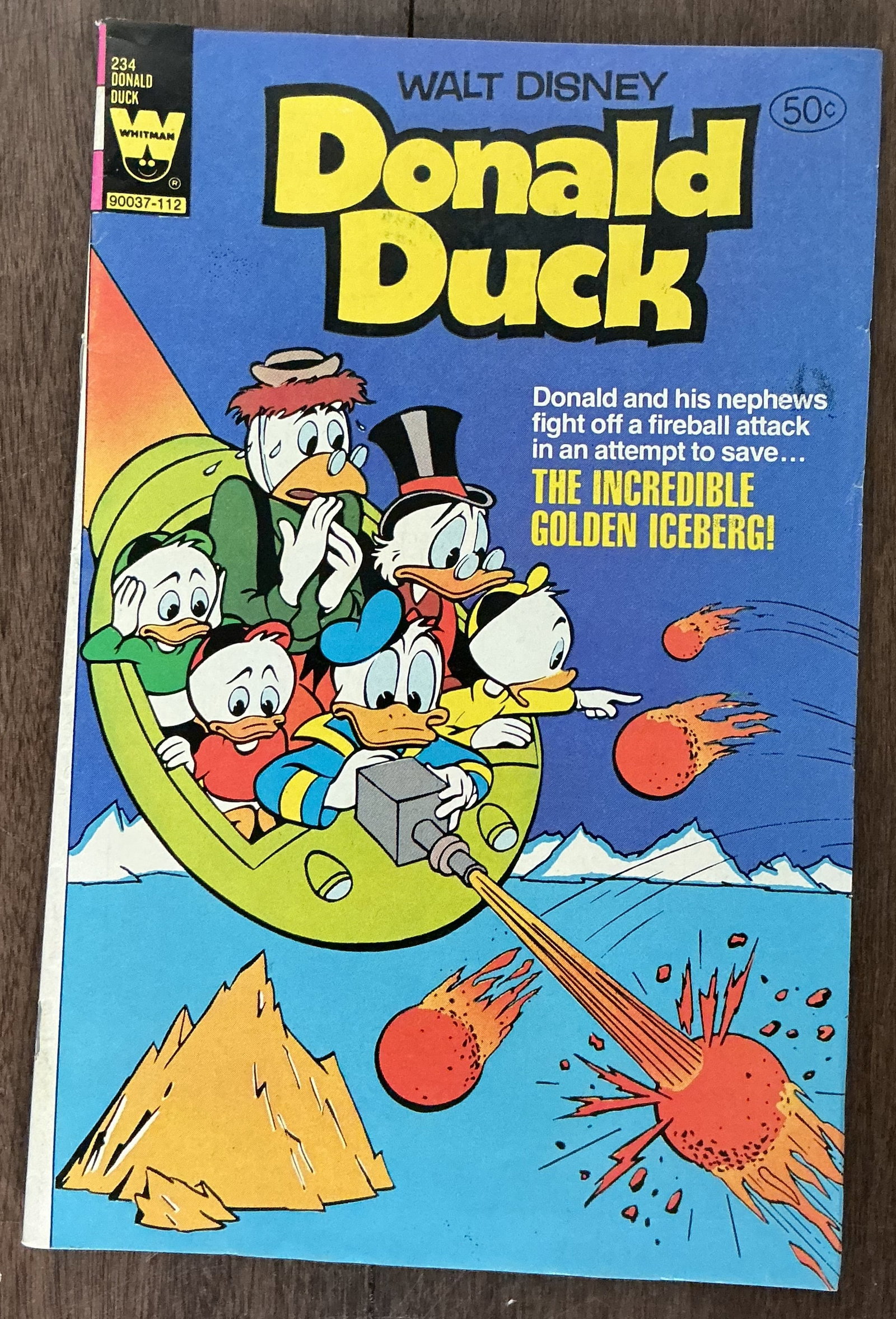 Walt Disney 1965 Donald Duck No. 234 The Incredible Golden Iceberg: Walt Disney Donald Duck No. 234 is a vintage Whitman comic book featuring Donald Duck, Huey, Dewey, Louie, and Uncle Scrooge in classic Disney adventure stories. This issue includes the featured story