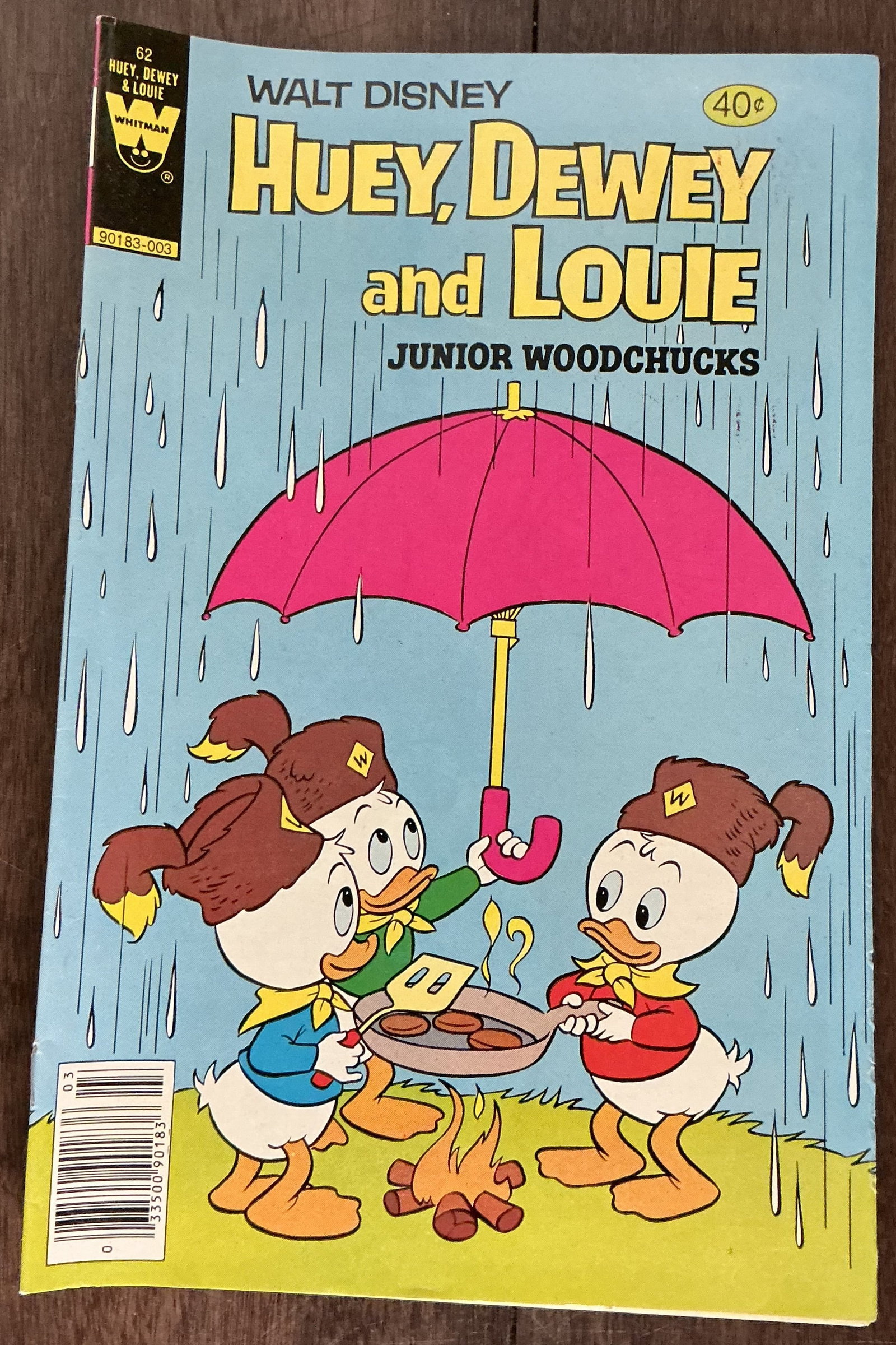 Walt Disney 1980 Huey, Dewey and Louie Junior Woodchucks No. 62: Walt Disney Huey, Dewey and Louie Junior Woodchucks No. 62 is a vintage Whitman comic book featuring Donald Duck’s famous nephews in adventures inspired by the Junior Woodchucks scouting organizatio