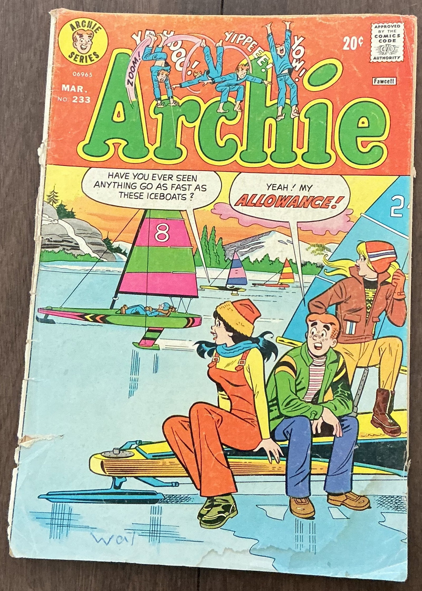 Archie Series 1974 Archie No. 233: Archie No. 233 1974 was published in March 1974 as part of the enduring Archie Series and features a lively winter sports-themed cover centered around colorful iceboats racing across a frozen lake.