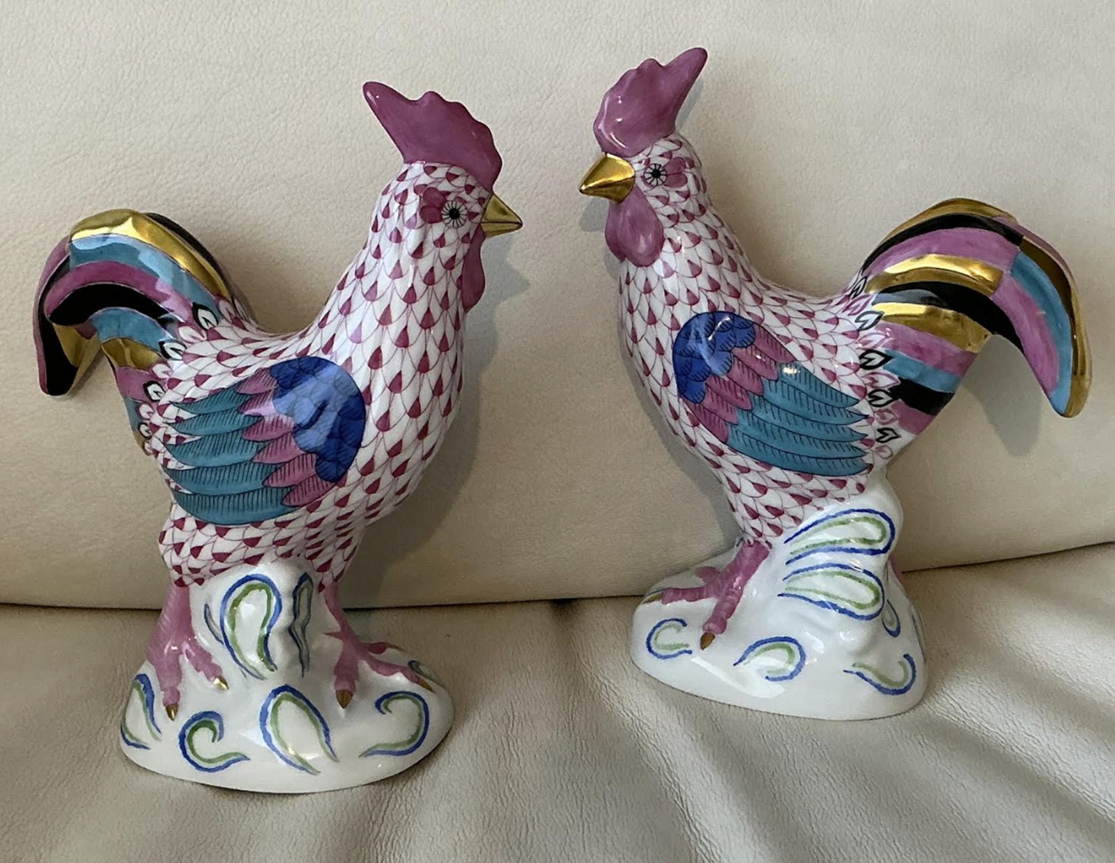 Herend Signed Porcelain Pink Fishnet Rooster Pair Figurine with 24k Gold Accents Made in Hungary. (1 of 6)
