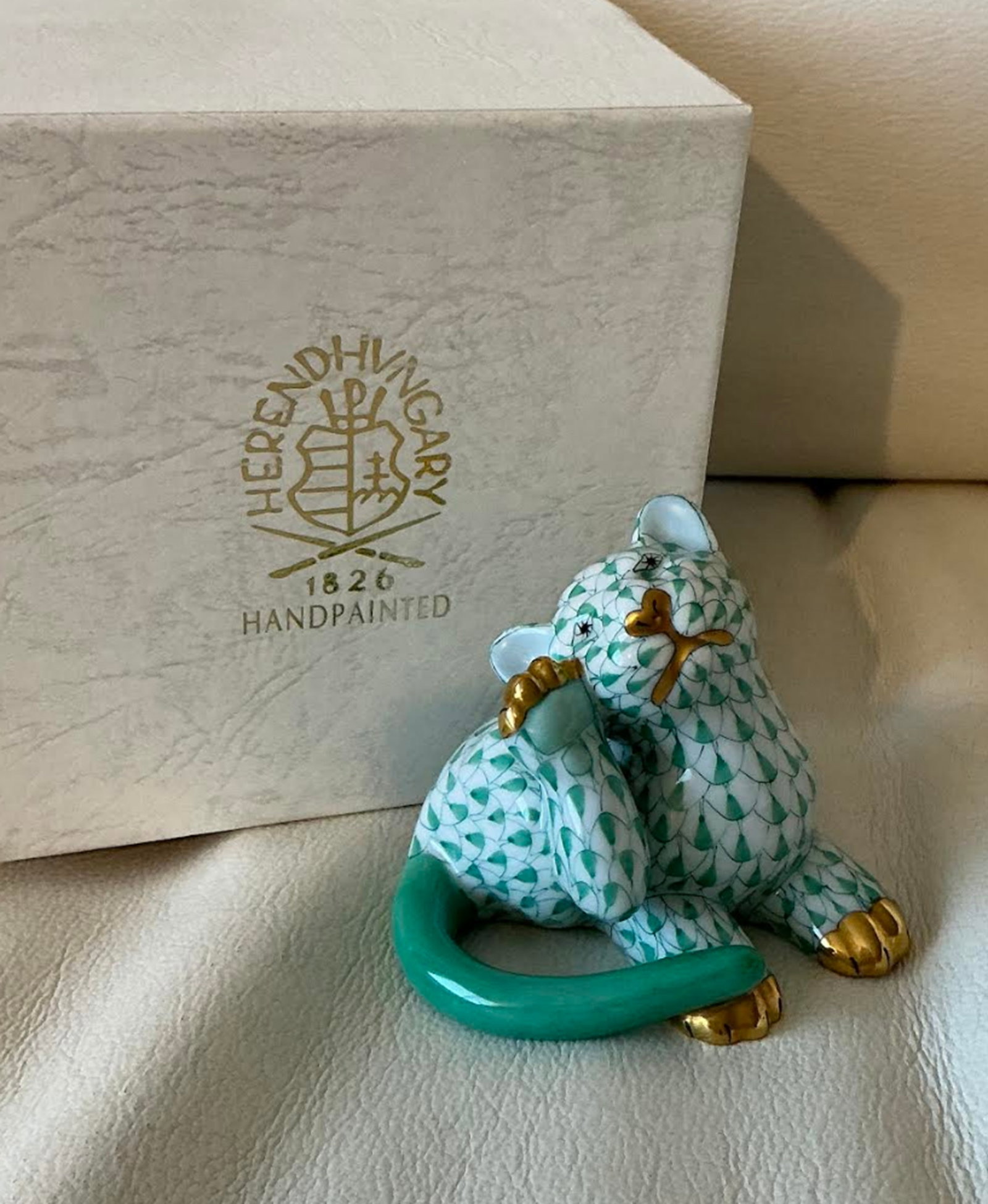 Herend Signed Porcelain Green Fishnet Tiger Figurine with 24k Gold Accents With Box Made in Hungary.: Herend Signed Porcelain Green Fishnet Tiger Figurine with 24k Gold Accents With Box Made in Hungary.Measures approximately 2 3/4 wide 2.5 tall. No chips or cracks present