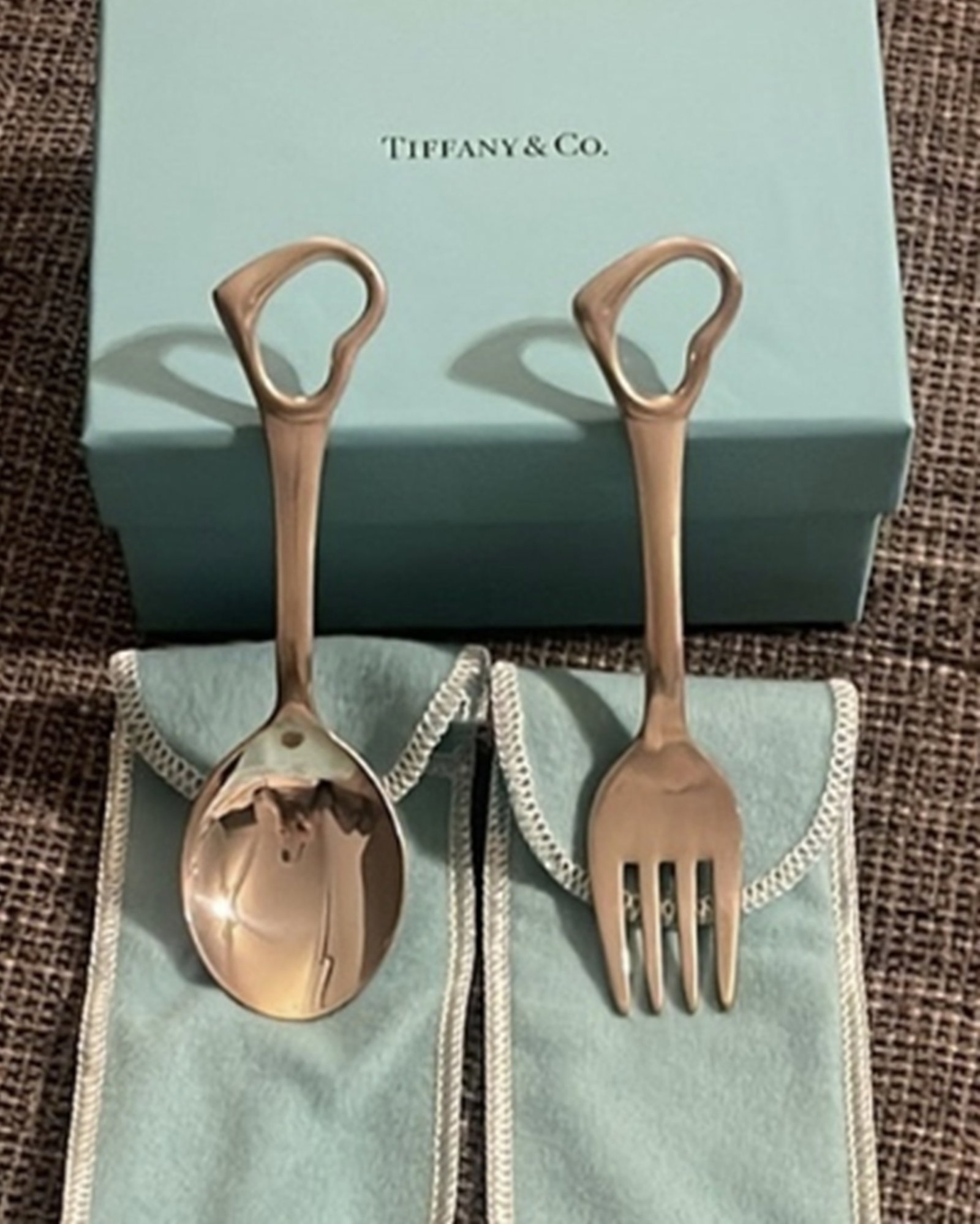 Tiffany & Co Sterling Silver Elsa Peretti Open Heart Baby Infant Spoon Fork Set Wtih Poch And Box (1 of 5)