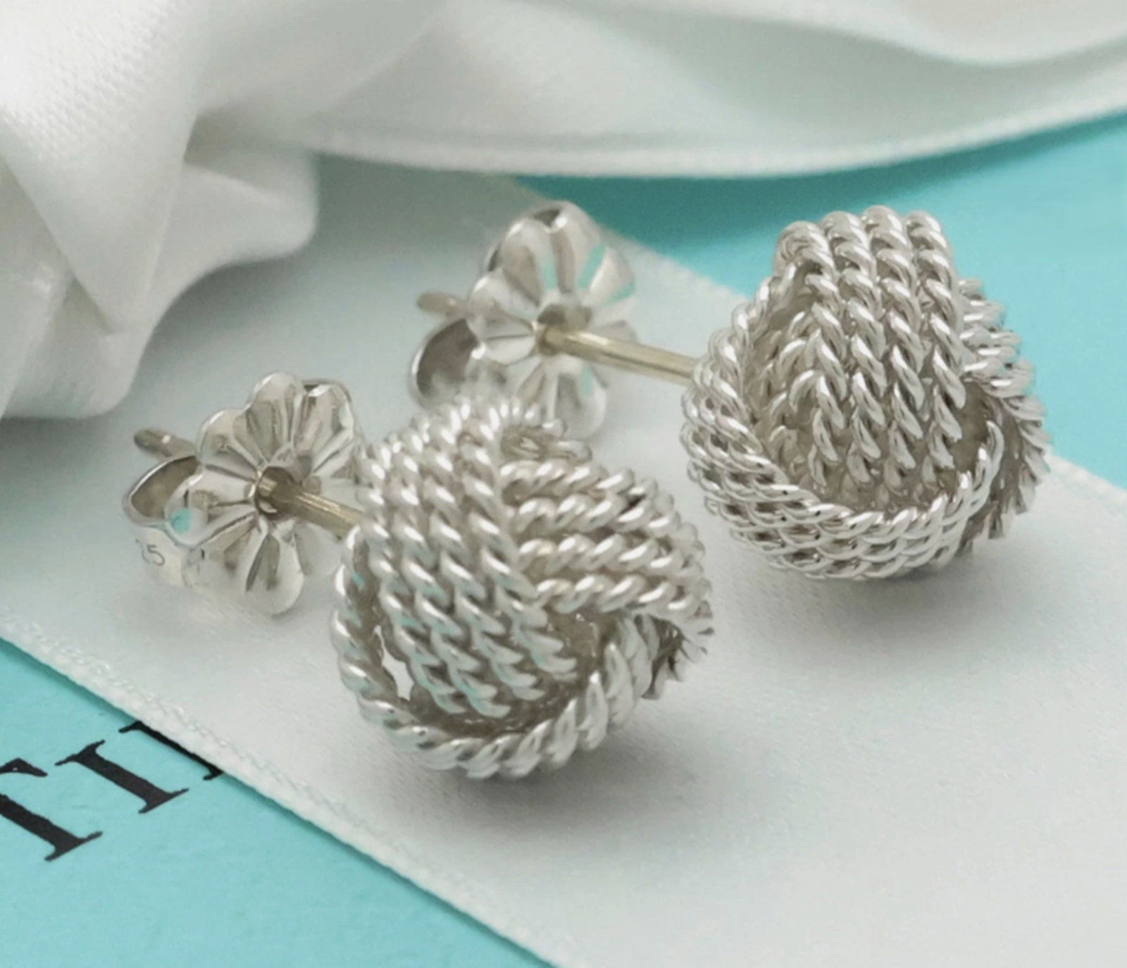 Tiffany & Co. Sterling Silver Somerset Twist Knot Mesh Stud Earrings With Pouch (1 of 5)