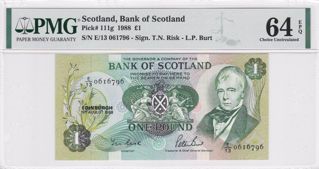 P-111g 1988 Scotland 1 Pound PMG 64EPQ: Pick#111g, 1988 Scotland, Bank of Scotland 1 Pound, PMG 64EPQ