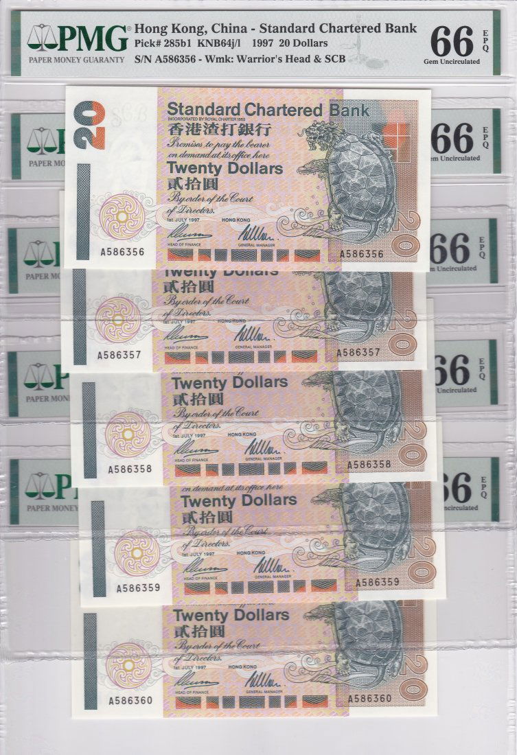 P-285b1 1997 Hong Kong Chartered Bank $20 Lot of 5 (1 of 2)