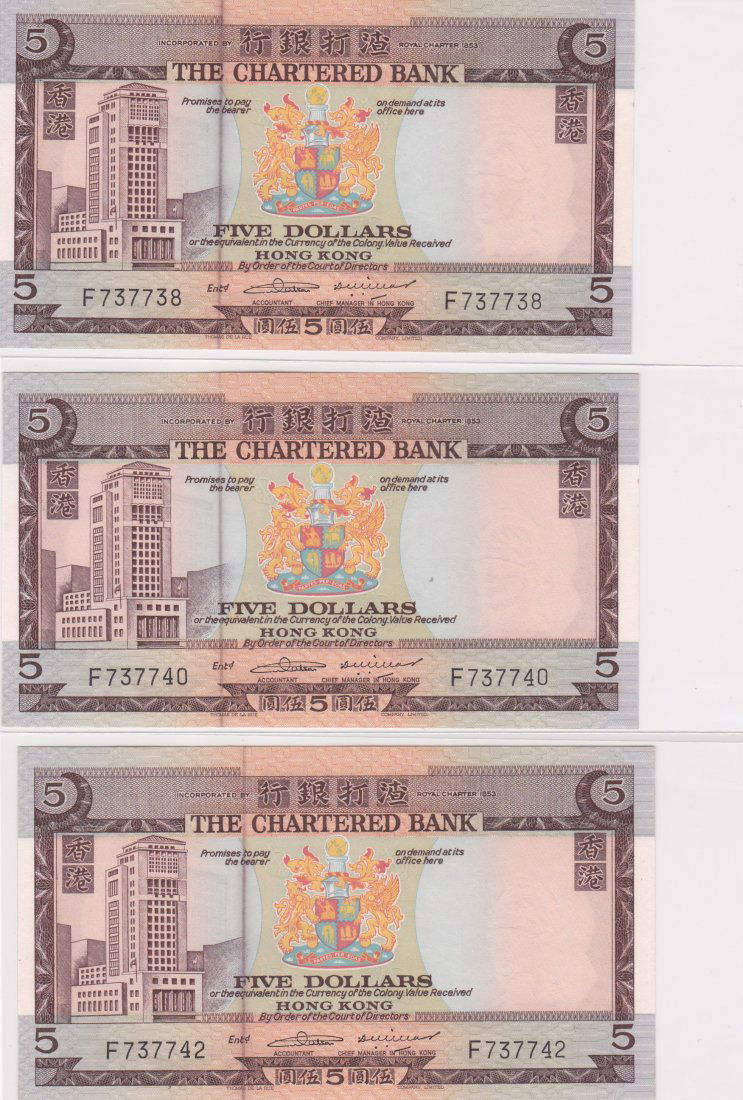 Lot of 3 ND 1970-75 Hong Kong Chartered Bank $5 UNC (1 of 2)