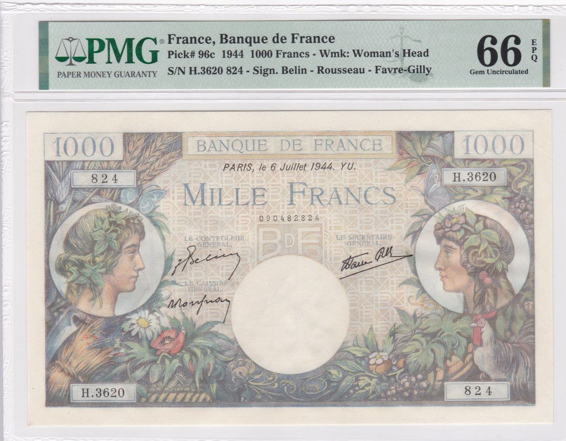 P-96c 1944 France 1000 Francs PMG 66EPQ (1 of 2)