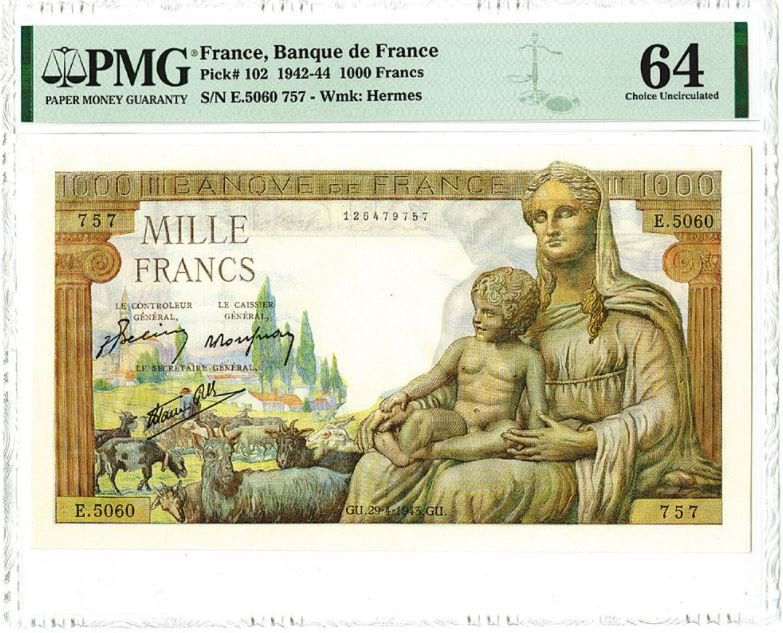 P-102 1942-44 France Banque de 1000 Francs PMG 64 (1 of 2)