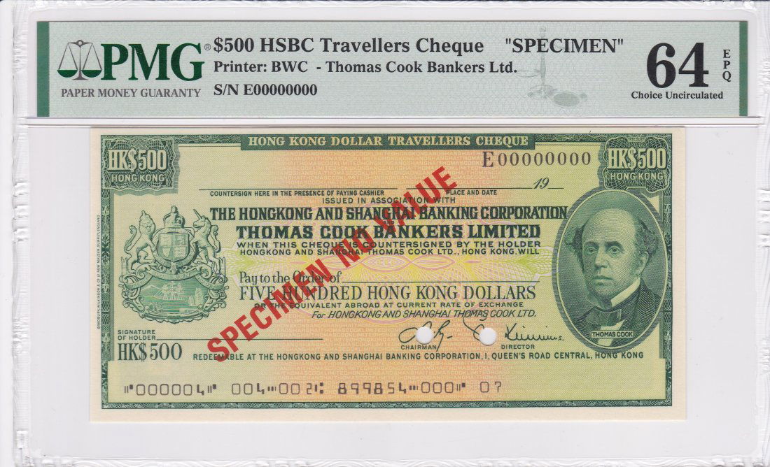 Rare Specimen Travellers Cheque, HSBC $500 PMG 64EPQ (1 of 2)