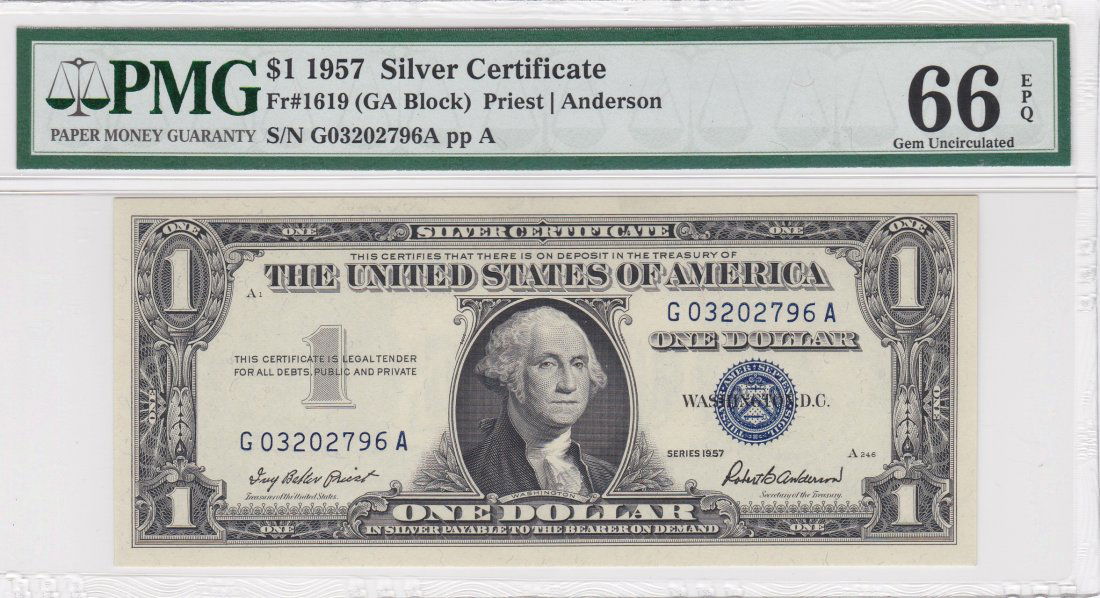 USA, Silver Certificate 1 dollar, 1957, Fr#1619 PMG 66EPQ (1 of 2)