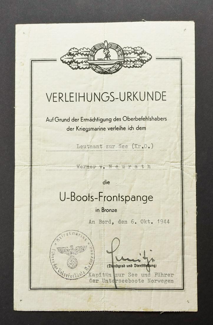 Diplome U Boat: En papier, attribue au Leutnant zur See Werner v Neurath, le 6 octobre 1944. Signature autographe du Kapitan zur See und FÃ¼hrer der Unterseeboote Norwegen. A noter quelques traces de pliures, et ta