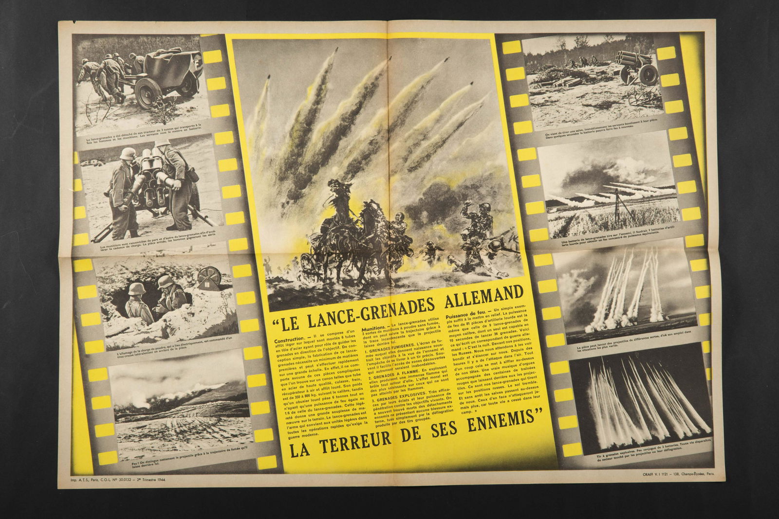 Affiche Le lance grenade Grenade Launcher Poster: Affiche de texte en franÃ§ais et photos en noir et blanc, ORAFF 1121. Imprimerie ATS Paris, deuxieme trimestre 44. Dimensions 59x84cm. Quelques dechirures, pliures, manques et ta ches. Etat II+ Phot