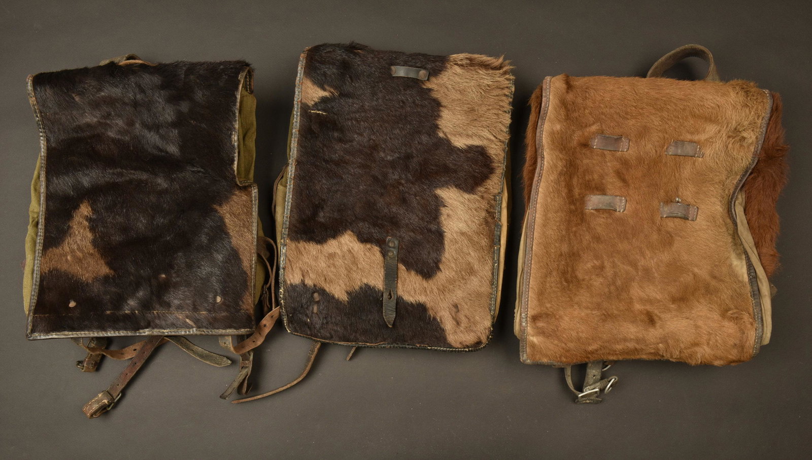 Sacs Ã dos poil de vache. Cow hair backpack.: Un sac en poils de vache, les bretelles sont presentes et datees 1939, sac date 1939. Un sac Ã dos poil de vache bicolore, bretelles presentes avec numero RBNr. Un sac Ã dos poil de vache bicolo