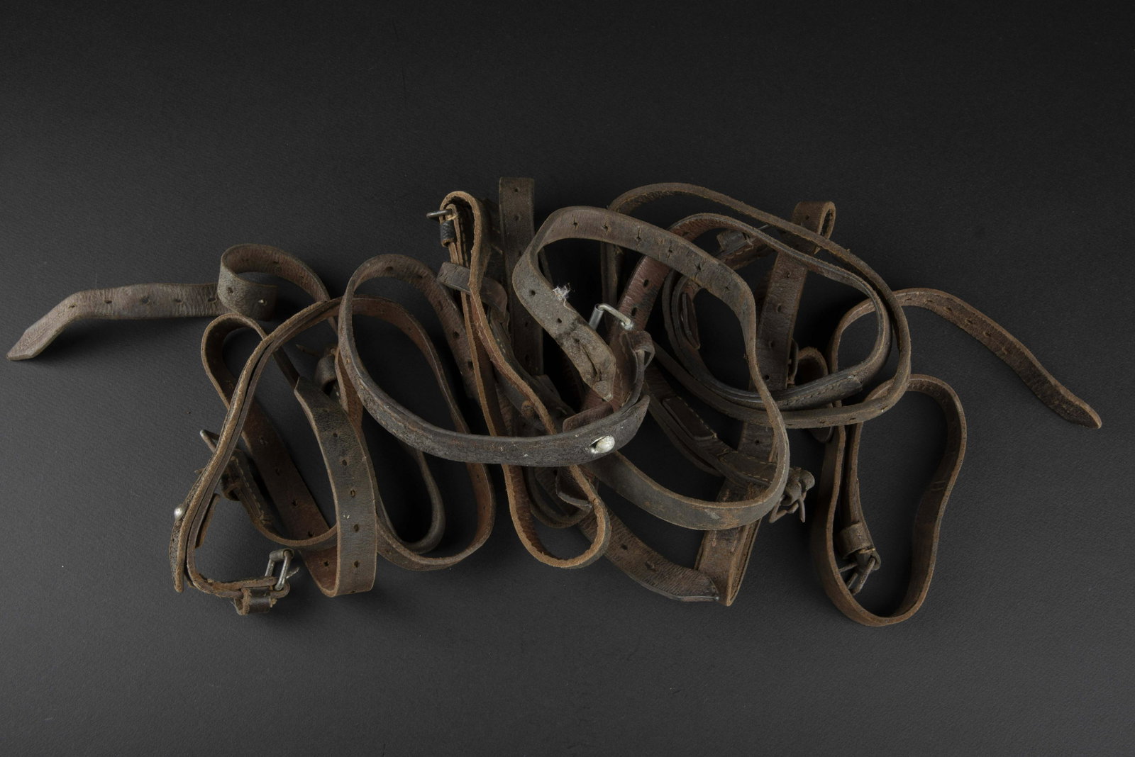 Sangles allemande. German straps.: Dix sangles en cuir, fabrications RBNr 0 0295 0014, AuwÃ¤rter 1938, S42. La majorite des sangles n ont pas de marquages visibles. Une sangle est regimente FL Stab et datee 1935. A noter une certaine