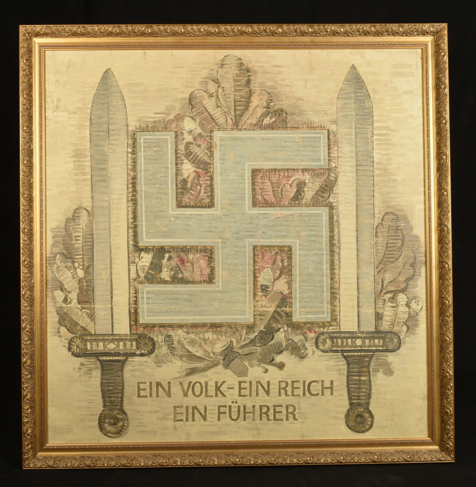 Peinture patriotique. Patriotic painting.: Peinture patriotique. Representant l'insigne national entoure de deux glaives sur fond de feuilles de chene. Texte Ein Volk, Ein Reich, Ein Fuhrer. Cadre en bois dore moderne. Dimensions sous cadre 12