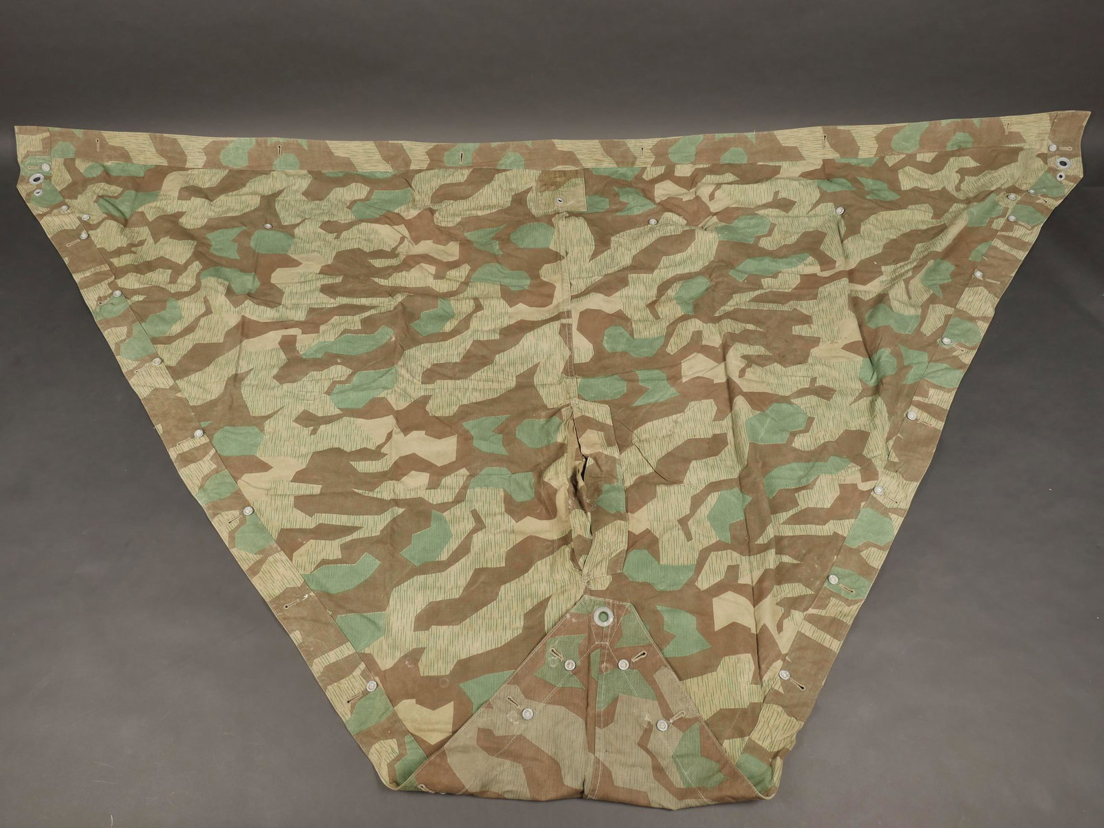 Toile de tente de la Heer. Heer tent cloth.: Toile de tente de la Heer. En toile camoufle eclat. La majorite des boutons sont presents. Belles couleurs vives. Sans marquages visibles. Deux sangles en cuir noir, sans marquages visibles. A noter u