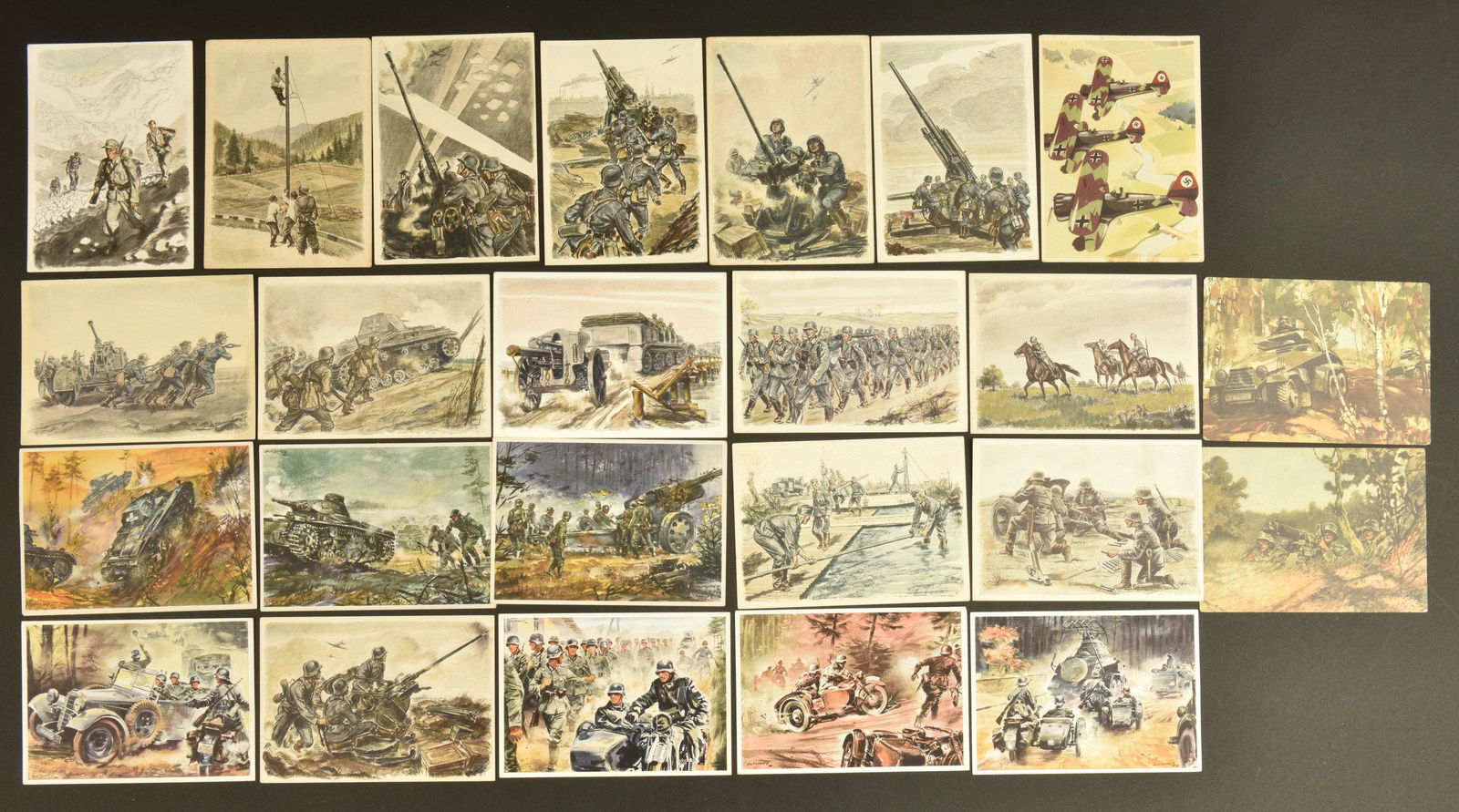 Cartes postales allemande. German postcards.: Cartes postales allemande. Vingt-quatre cartes postales en couleur. A noter une certaine usure et patine des pieces. Certaines sont obliterees et manuscrites au dos. Divers formats. Etat II+. German p