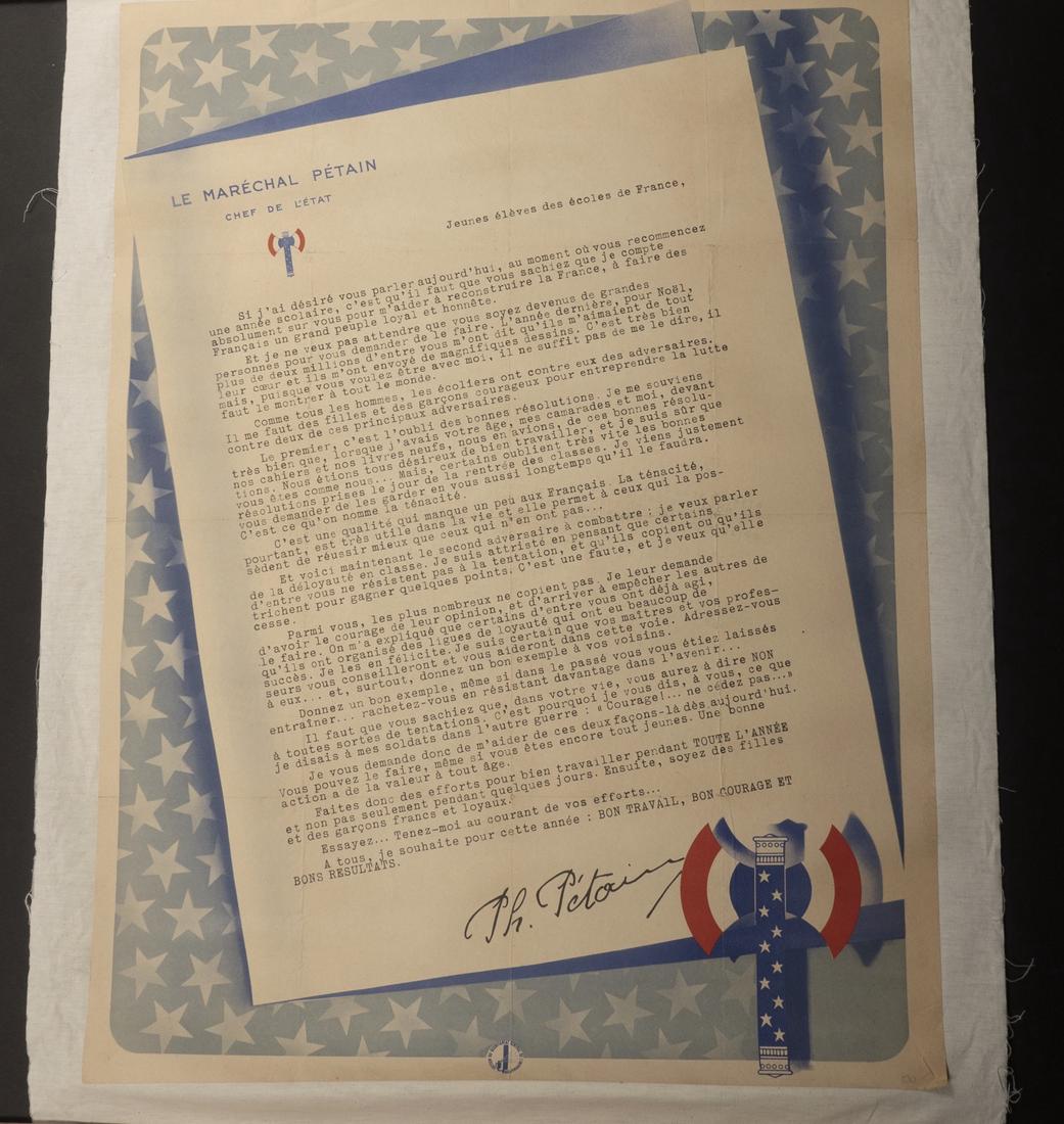 Marechal Petain. Marshal Petain.: Marechal Petain. Messages aux jeunes eleves des ecoles de France sous forme de lettre, 13 oct. 1941. Entoilee 58 x 80. A noter une certaine usure et patine de la piece. Etat II+. Marshal Petain. Messa
