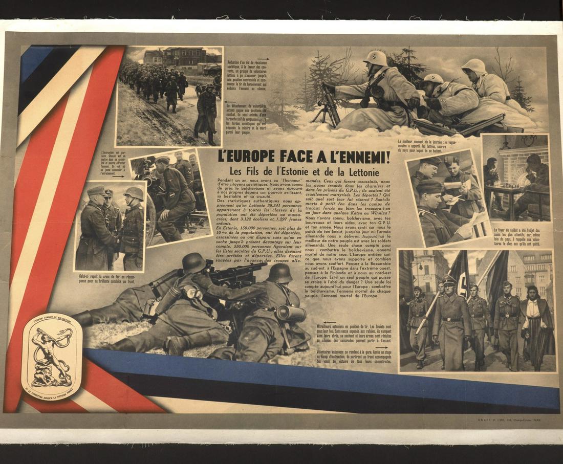 Affiche Lettonie. Poster Estonia.: Affiche Lettonie. En couleurs, entoilee intitulee L'Europe face a l'ennemi. Quelques manques et pliures. Dimensions 60x85 cm. Rare modele. A noter une certaine usure et patine de la piece. Etat II+. P