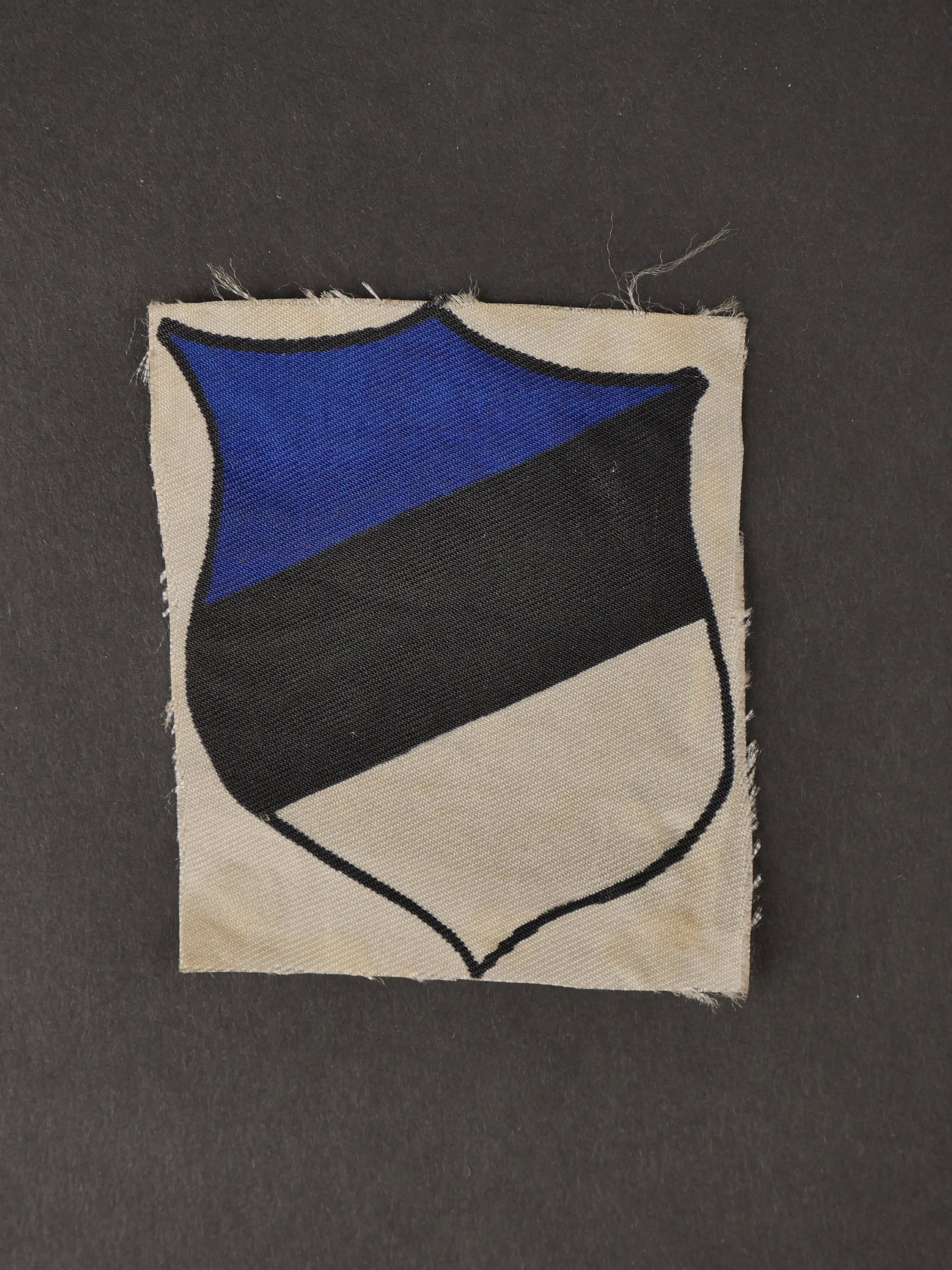 Insigne estonien. Estonian badge.: Insigne de bras des volontaires estonien. Modele imprime sur un fond blanc. Jamais monte, quelques taches visibles. Traces de colle au dos. A noter une certaine usure et patine de la piece. Etat II+.