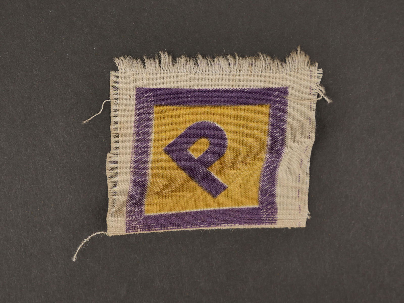 Insigne de Travailleur force. Forced laborer badge.: Insigne de Travailleur force de Pologne. Modele imprime, jamais monte. Les bordures sont partiellement effilochees. Trace de colle au dos. A noter une certaine usure et patine de la piece. Etat II+. F