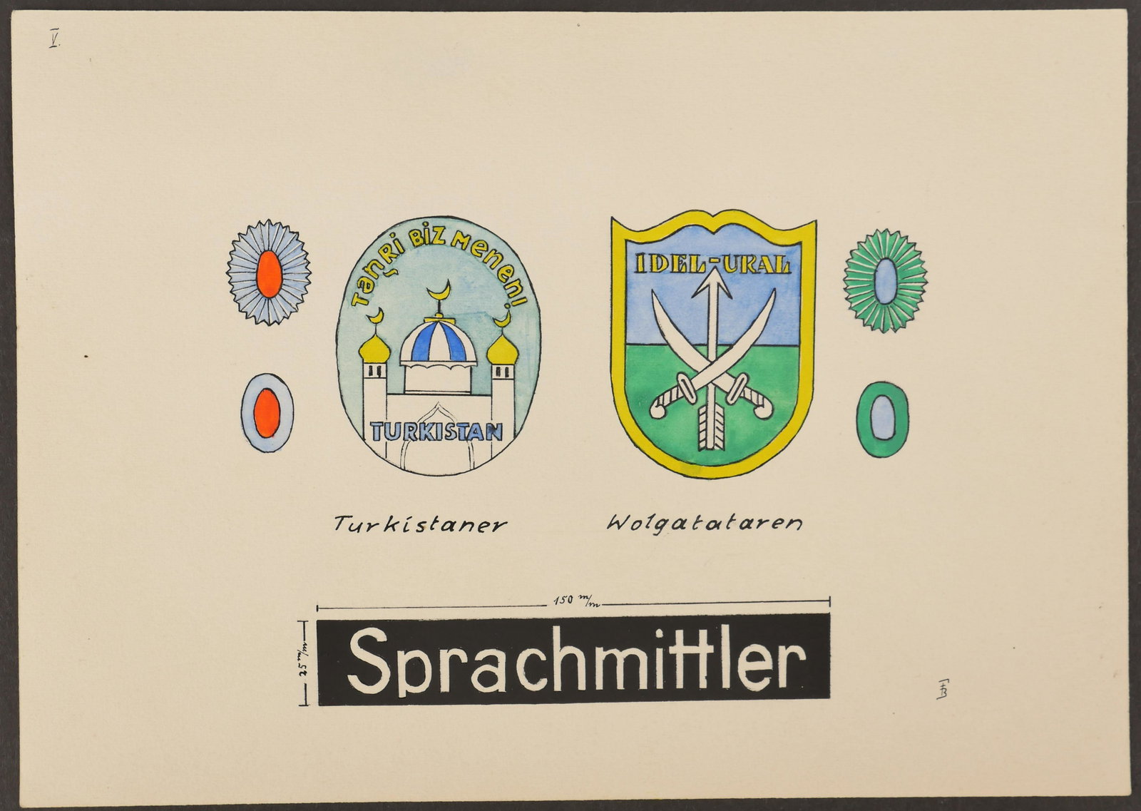 Planche d insigne Turkistan. Turkistan badge board: Planche d insigne du Turkistan. Planche originale des insignes de manche et de coiffure des Turkistaner et Wolgatataren. Peinte. A noter une certaine usure et patine de la piece. Etat II+. Insignia sh