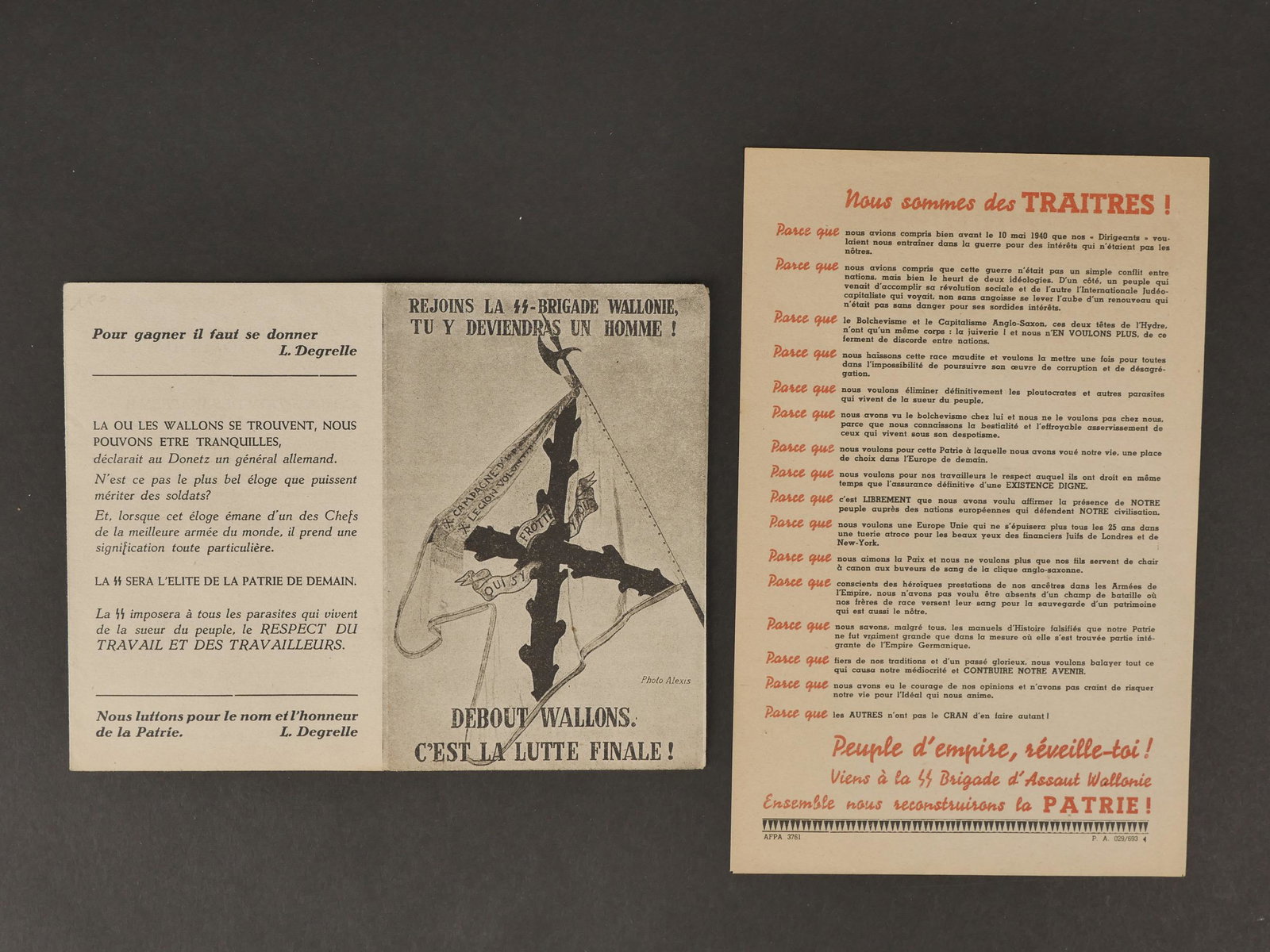 Tract de la SS Wallonne. Flyer of the SS Wallonne.: Tract de la SS Wallonne. Fameux tract intitule Nous sommes des Traitres, biface en rouge, noir et blanc. On y joint un tract de recrutement dans la meme unite dont lâ€™originalite nâ€™est pa
