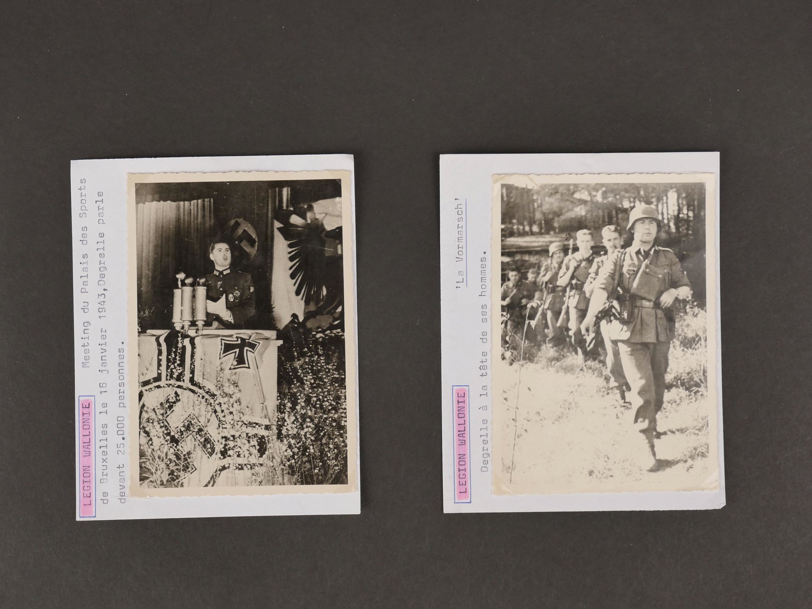 Deux photos originales de Leon Degrelle dans la Legion Wallonie. Two original photos of Leon: Deux photos originales de Leon Degrelle dans la Legion Wallonie. Toutes deux de format 9x13 cm, lâ€™une montrant Degrelle a la tribune du Palais des Sports de Bruxelles le 16 janvier 1943 et la s