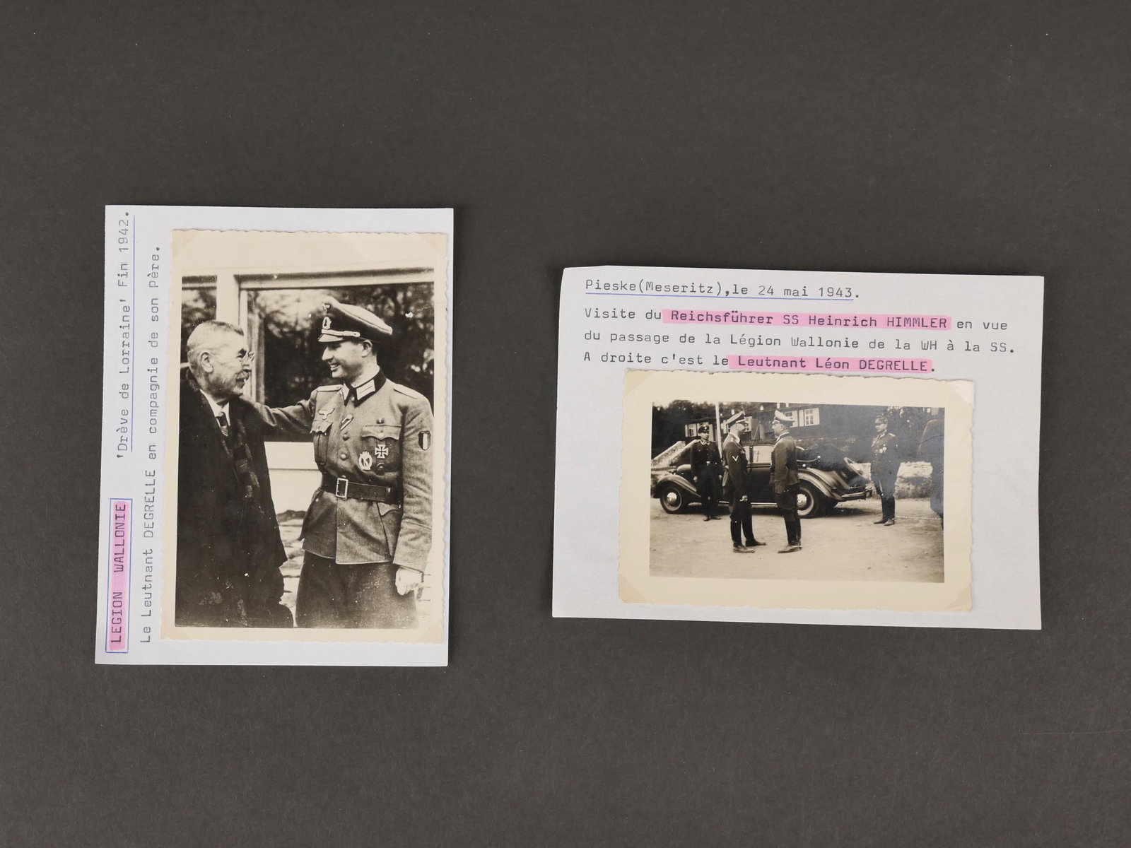 Deux photos originales de Leon Degrelle dans la Legion Wallonie. Two original photos of Leon: Deux photos originales de Leon Degrelle dans la Legion Wallonie. Une de format 9x13 cm et lâ€™autre 7x10 cm, lâ€™une montrant Degrelle en compagnie de son pere et la seconde lors de la visit