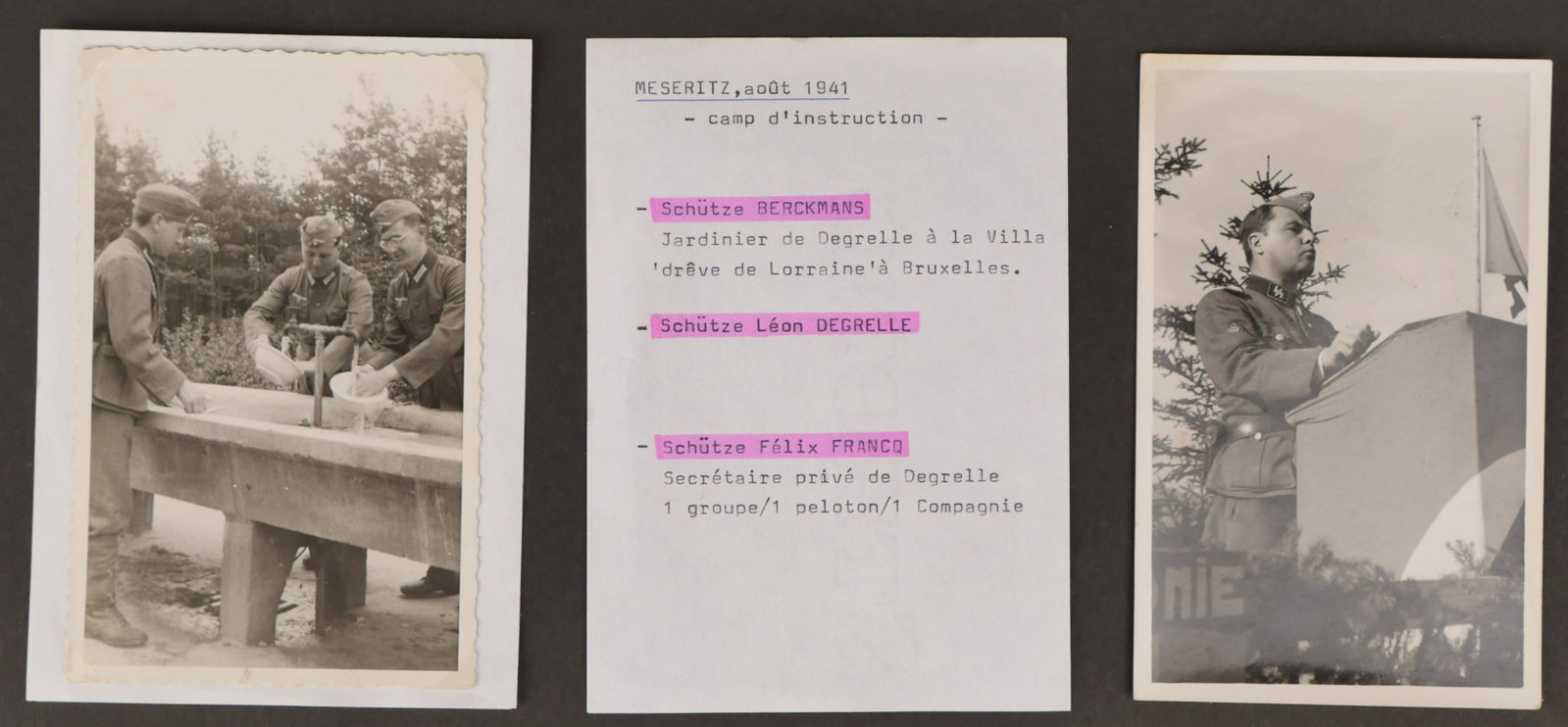 Deux photos originales de Leon Degrelle dans la Legion Wallonie et la SS Wallonie. Two original: Deux photos originales de Leon Degrelle dans la Legion Wallonie et la SS Wallonie. Toutes deux de format 9x13 cm, lâ€™une montrant Degrelle, son jardinier et son secretaire prive au camp dâ€��