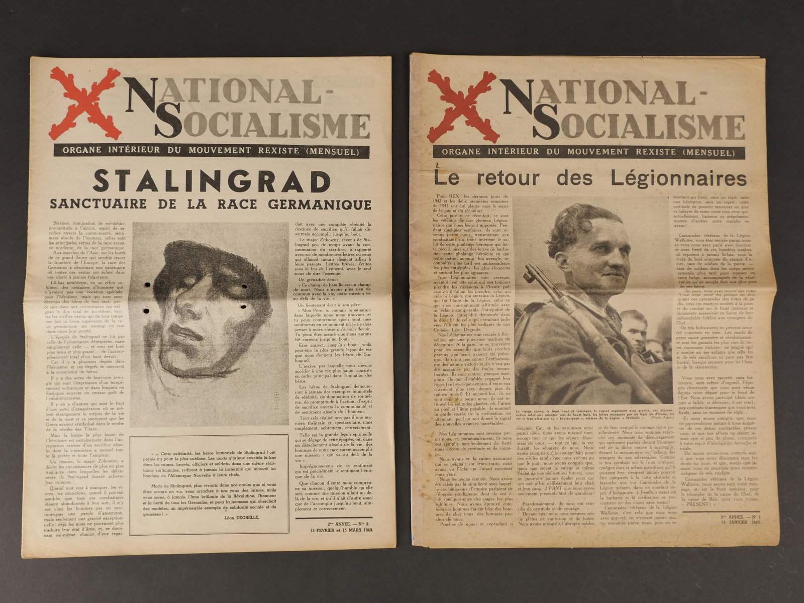 Journaux REX. REX Journals.: Journaux REX. Comprenant un journal en papier, quelques manques et dechirures, intitule National Socialisme Organe Interieur du Mouvement Rexiste, Mensuel, seconde annee, numero 1, 15 janvier 1943, ti