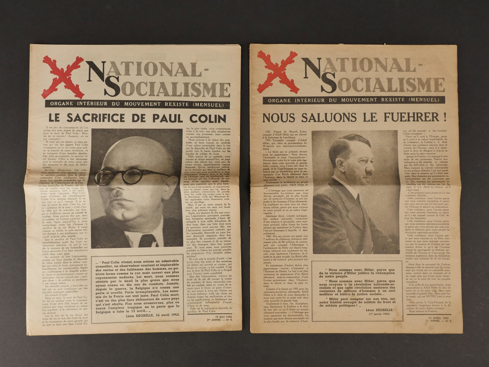 Journaux REX. REX Journals.: Journaux REX. Comprenant un journal en papier, quelques manques et dechirures, intitule National Socialisme Organe Interieur du Mouvement Rexiste, Mensuel, seconde annee, numero 3, 15 avril 1943, titr