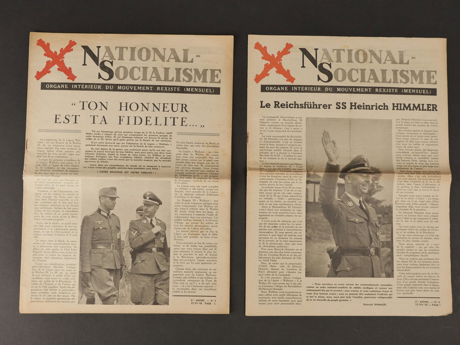 Journaux REX. REX Journals.: Journaux REX. Comprenant un journal en papier, quelques manques et dechirures, intitule National Socialisme Organe Interieur du Mouvement Rexiste, Mensuel, seconde annee, numero 5, 15 juin 1943, titra