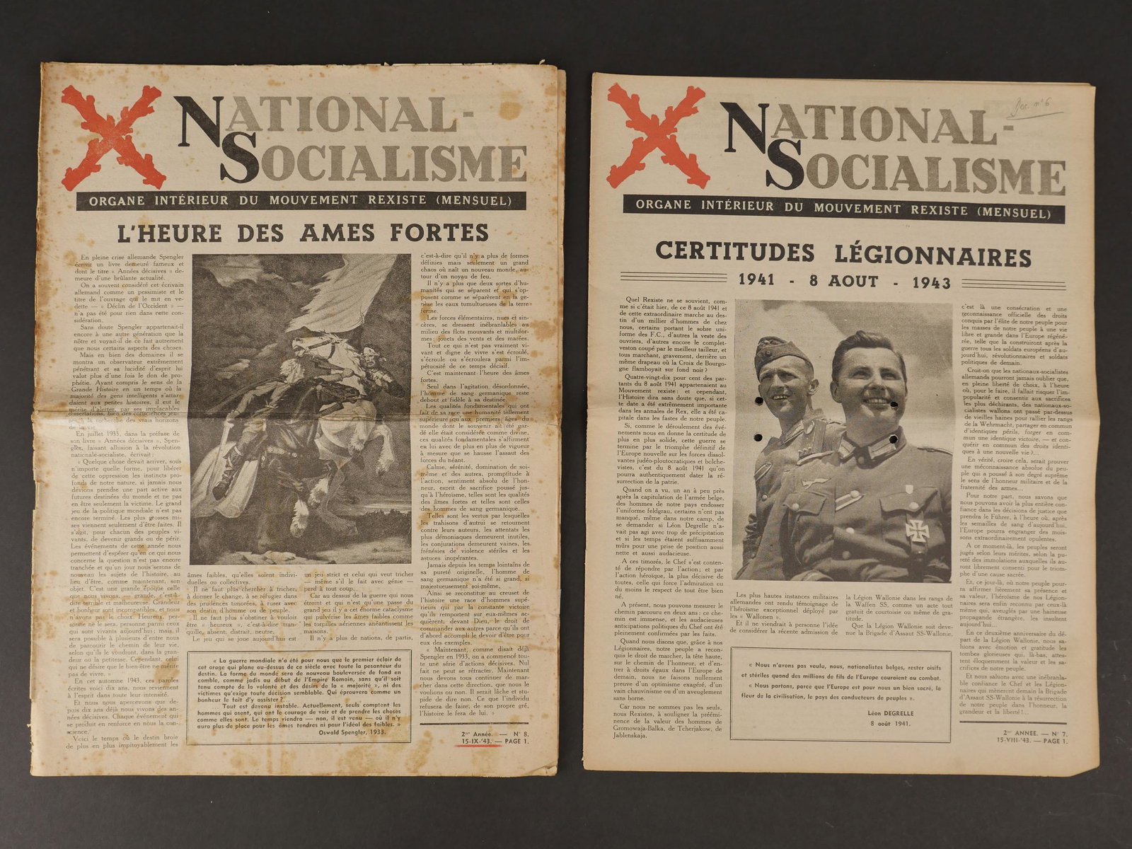 Journaux REX. REX Journals.: Journaux REX. Comprenant un journal en papier, quelques manques et dechirures, intitule National Socialisme Organe Interieur du Mouvement Rexiste, Mensuel, seconde annee, numero 7, 15 aout 1943, titra