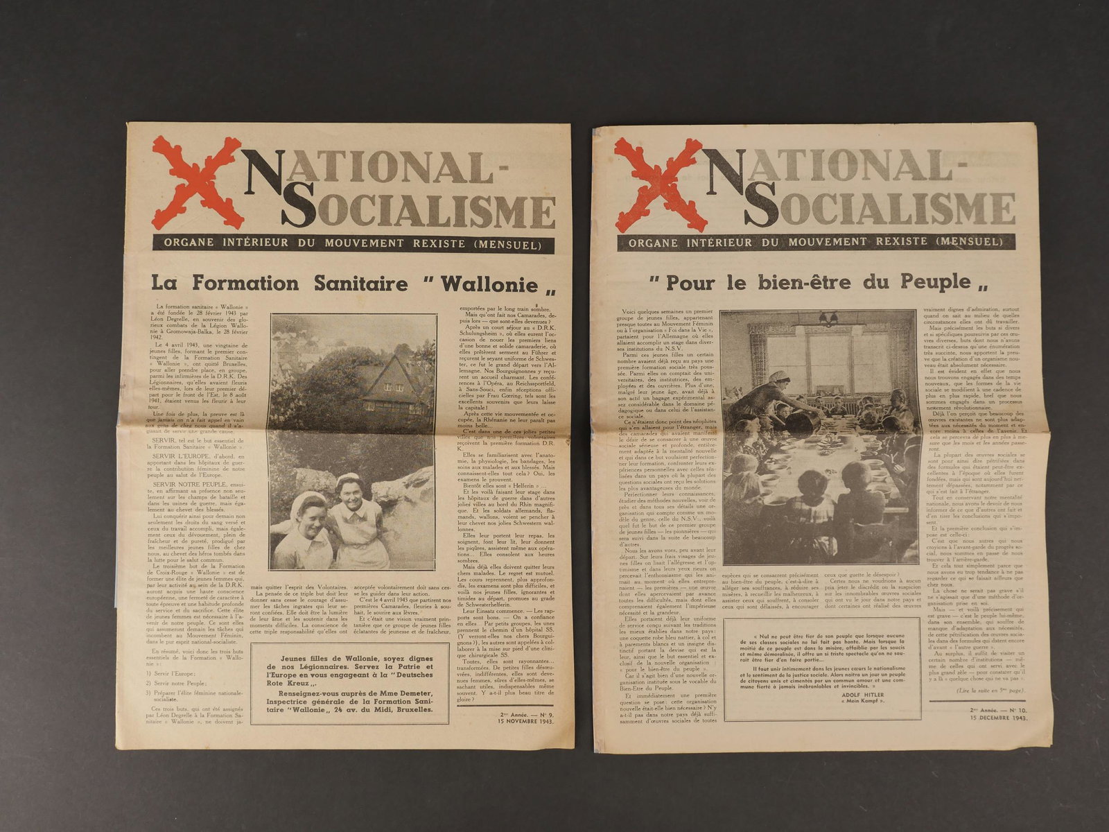 Journaux REX. REX Journals.: Journaux REX. Comprenant un journal en papier, quelques manques et dechirures, intitule National Socialisme Organe Interieur du Mouvement Rexiste, Mensuel, seconde annee, numero 9, 15 novembre 1943, t