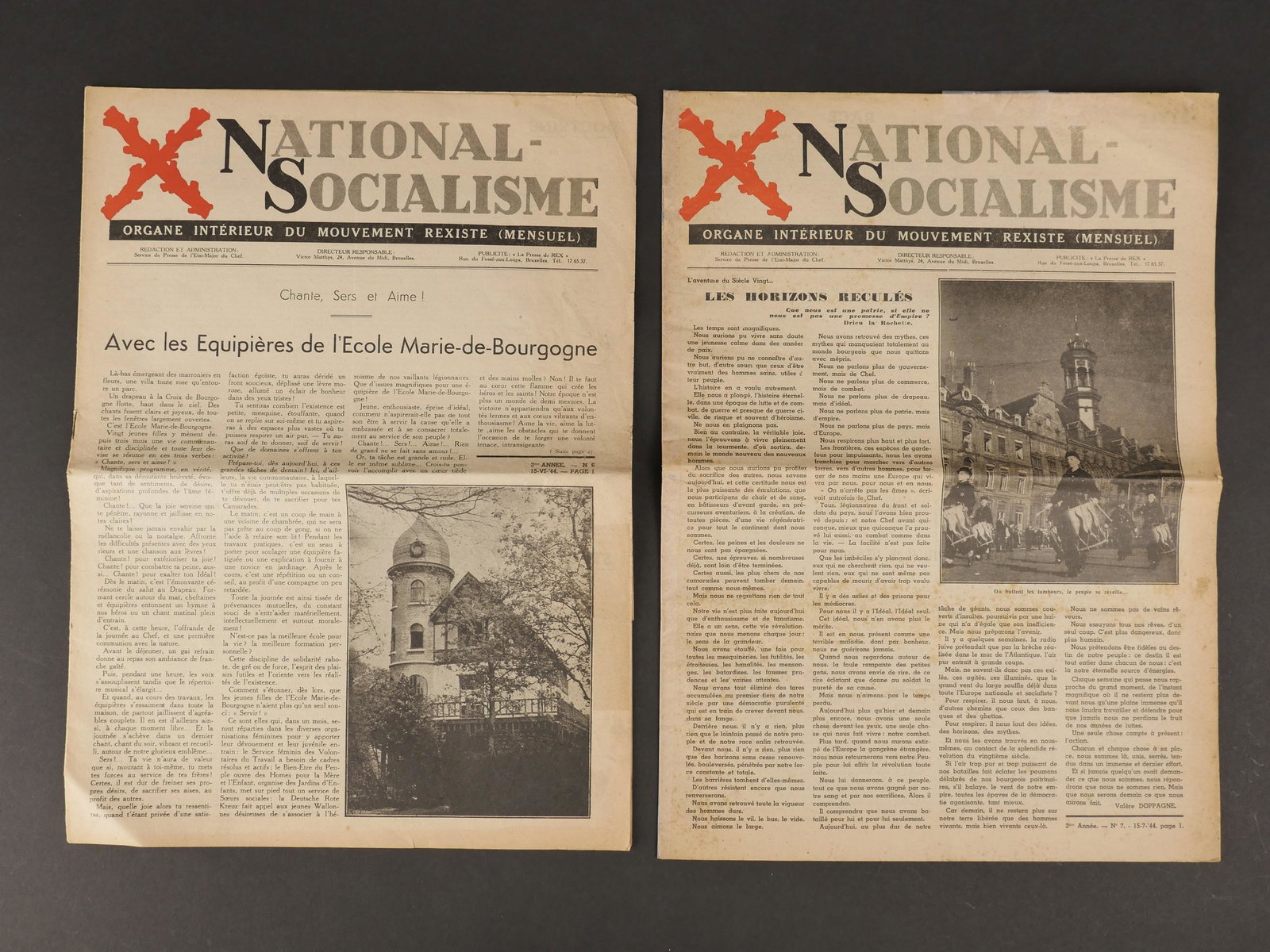 Journaux REX. REX Journals.: Journaux REX. Comprenant un journal en papier, quelques manques et dechirures, intitule National Socialisme Organe Interieur du Mouvement Rexiste, Mensuel, troisieme annee, numero 6, 15 juin 1944, tit
