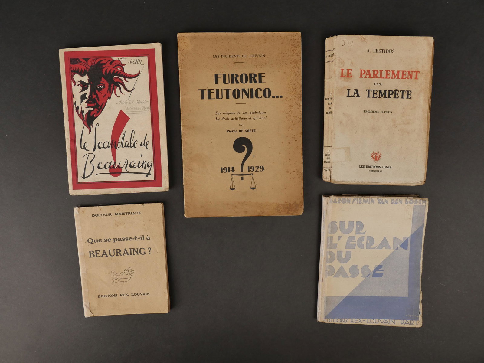5 publications autour de Rex. 5 publications around Rex.: 5 publications autour de Rex. Le Parlement dans la Tempete par A. Testibus, Que se passe t il a Beauraing, Le Scandale de Beauraing, Sur lâ€™ecran du passe, Furore Teutonico. Taches, manques, pli