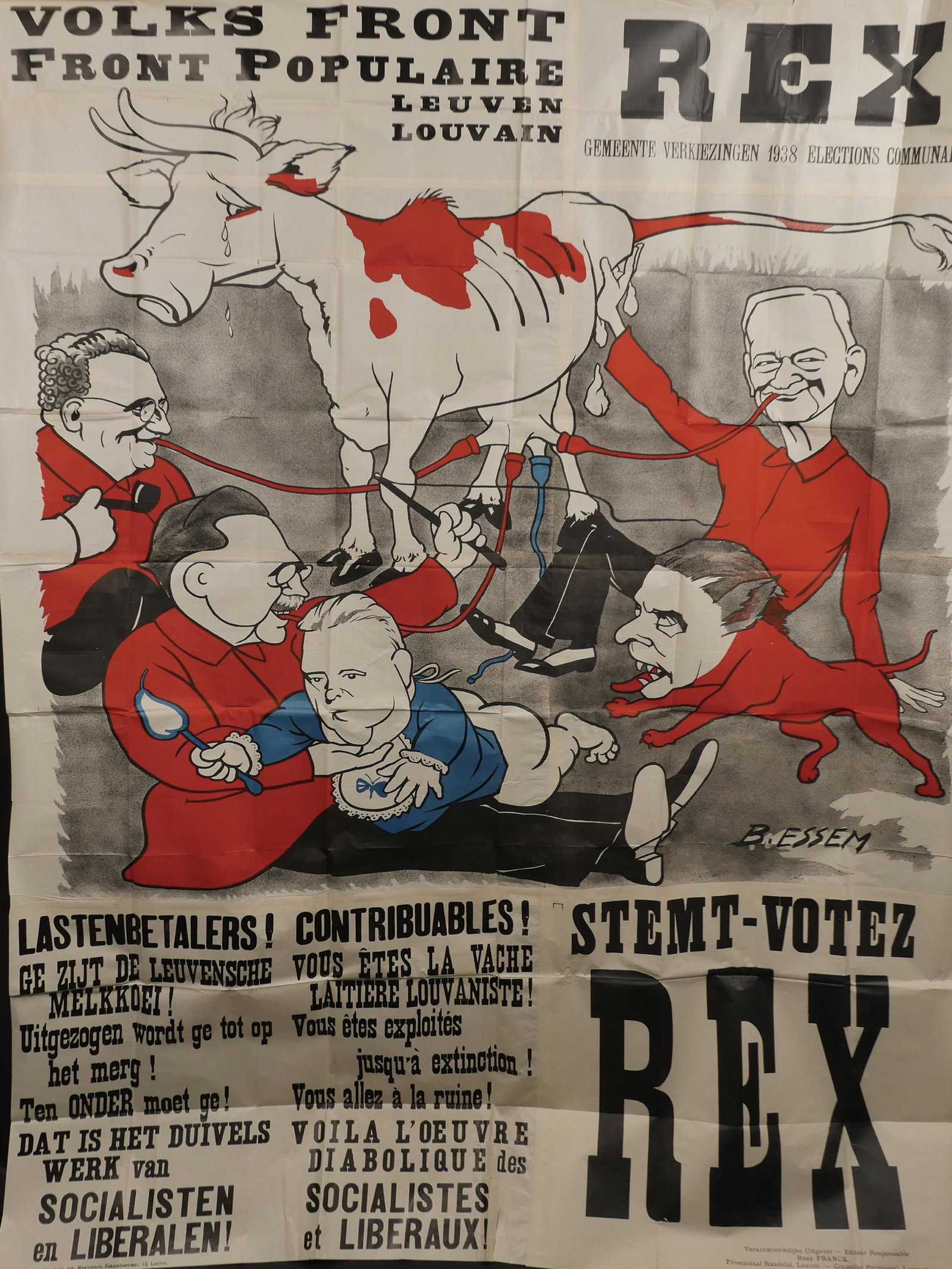 Affiche de Rex. Poster of Rex.: Affiche de Rex. En papier et en couleur. Texte en flamand et en francais. Volks Front Front Populaire Leuven Louvain Rex Gemeete Verkiezingen 1938 Elections communales. Dessin de B Essem. Affiche en p
