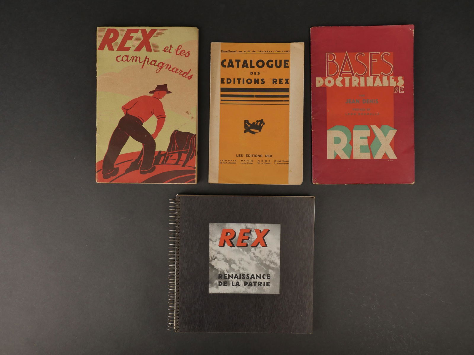 Lot de 4 publications des Editions REX et de Leon Degrelle. Lot of 4 publications of Editions REX: Lot de 4 publications des Editions REX et de Leon Degrelle. Catalogue des Editions REX, Rex et les campagnards, Bases Doctrinales par Jean Denis preface par Leon Degrelle, Rex Renaissance de la Patrie