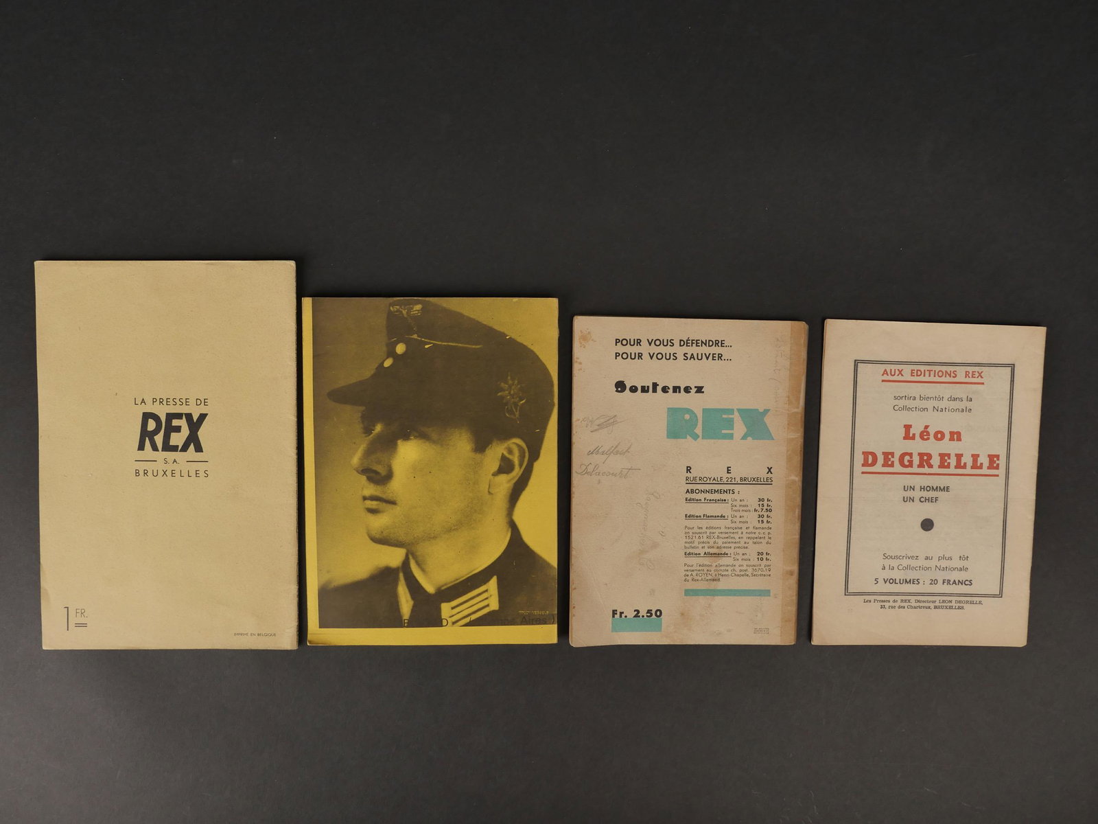 3 publications de REX. 3 REX publications.: 3 publications de REX. REX devant lâ€™opinion catholique, Rex et la Frandres, Rex et lâ€™armee. On y joint Folie de la Repression Belge par Leon Degrelle publie apres guerre. Taches, manques