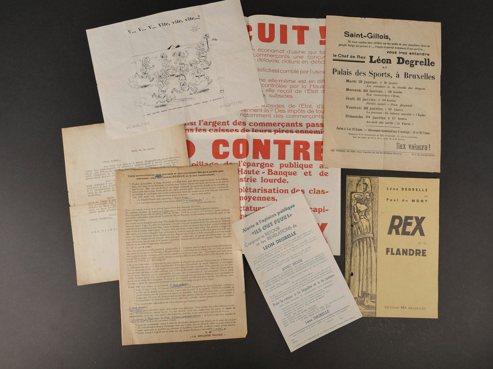 Ensemble de documents autour de REX. Set of documents around REX.: Ensemble de documents autour de REX. Comprenant une petite affichette en couleurs de texte pour les elections legislatives de 1936, une rare epreuve dâ€™imprimerie de la couverture de la plaquett