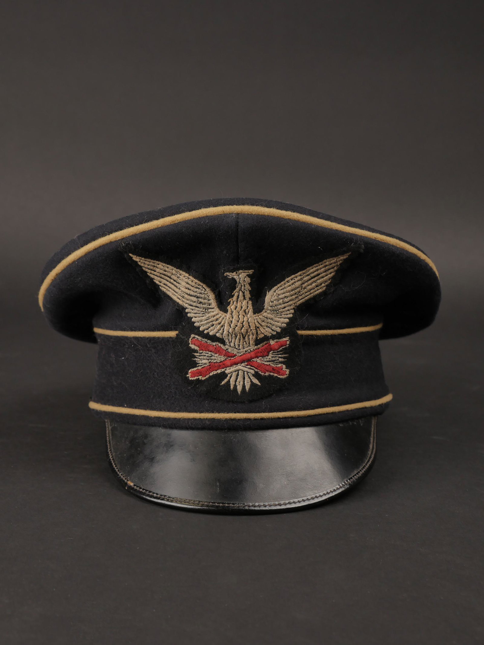 Casquette de membre des Formations de Combat de REX. REX Combat Formations member s cap.: Casquette de membre des Formations de Combat de REX. En drap noir a triple lisere de blanc, comportant frontalement lâ€™insigne tisse des formations de combat de REX, deux Å“illets dâ€™ae